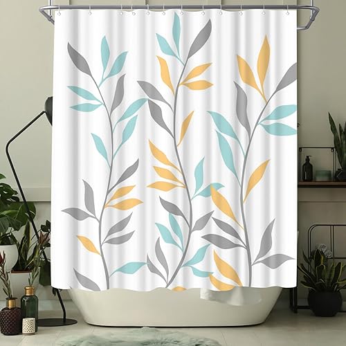 Miniatura 3 de Welmeco Cortina de ducha amarilla con hojas botánicas, cortina de ducha amarilla para decoración de baño, tela de poliéster, 72 x 72 pulgadas