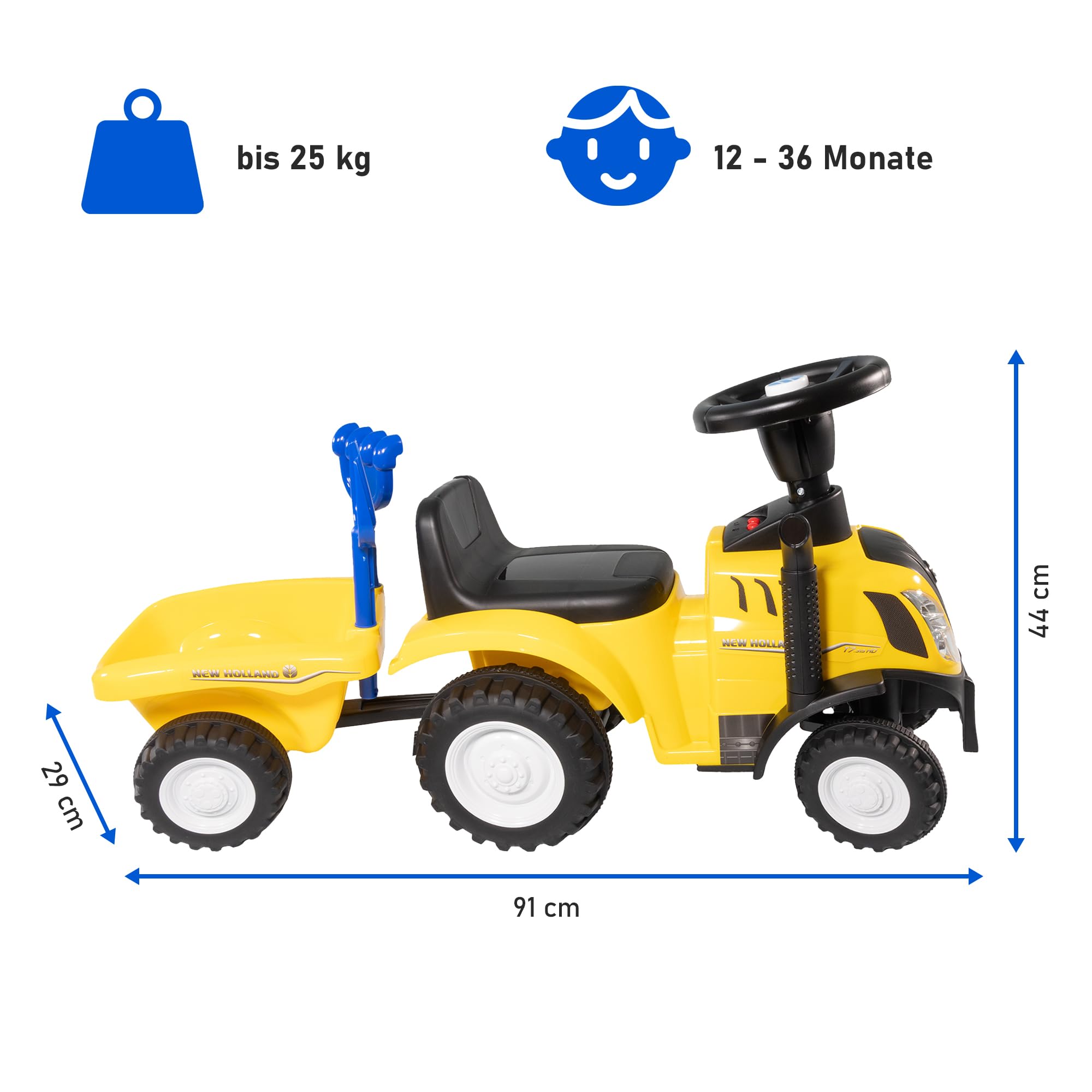 Lemodo Rutschauto Traktor New Holland ab 1 Jahr | Kinderauto mit Anhänger | Rutschfahrzeug mit Schaufel und Rechen | Kinderfahrzeug in gelb | Rutscher mit Sound, Licht | Lizenziertes Kinderspielzeug