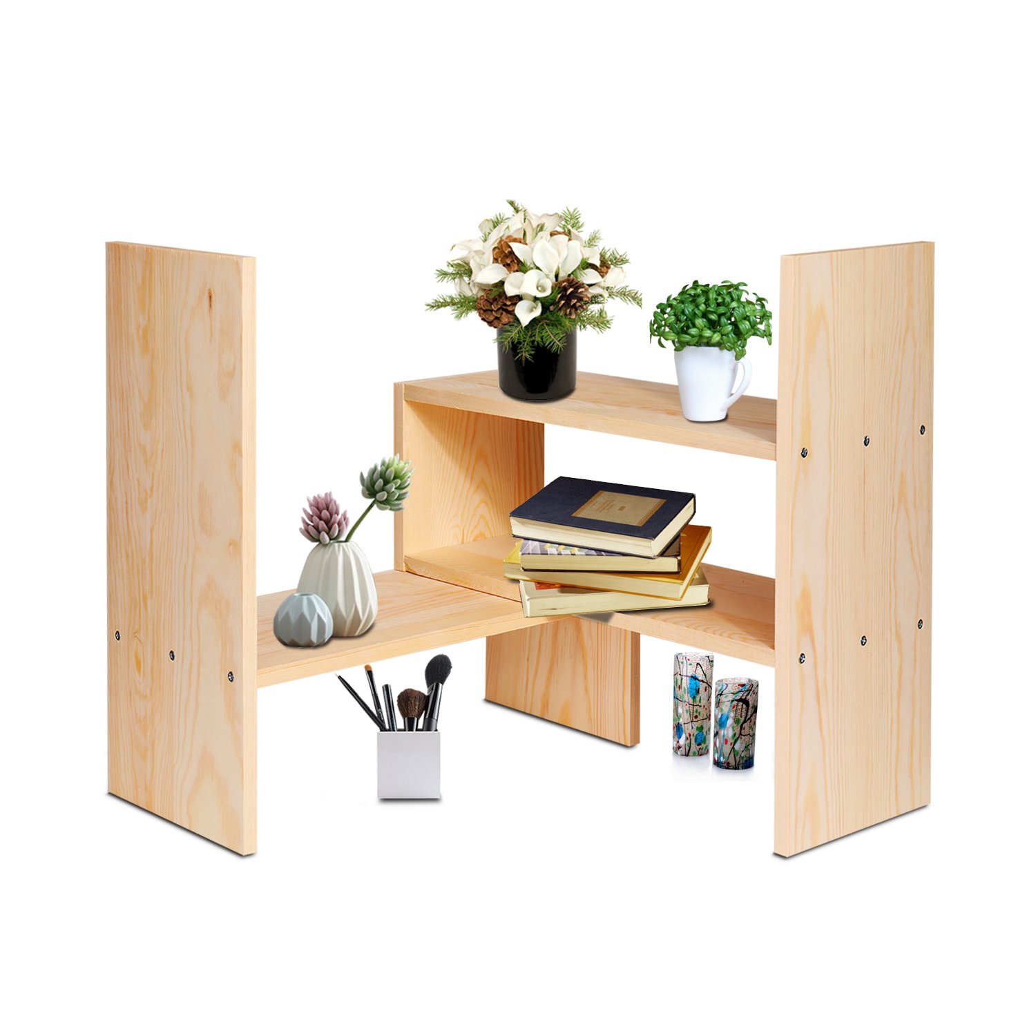 Flexzion Natural Wooden Desktop Shelf Wood Caddy Desk - View #6