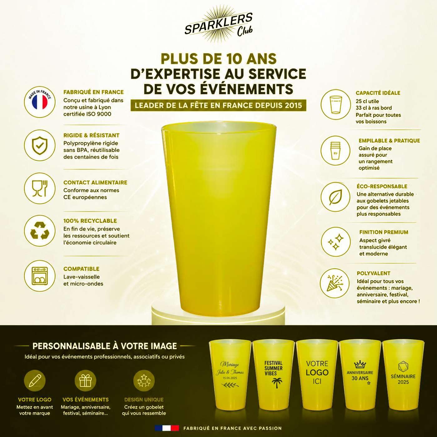 SPARKLERS CLUB - Lot de 200 Gobelets Reutilisables 25cl (33cl a ras-bord) - Polypropylene (PP) alimentaire rigide - Compatible lave-vaisselle - Fabriques en France - Couleur Jaune
