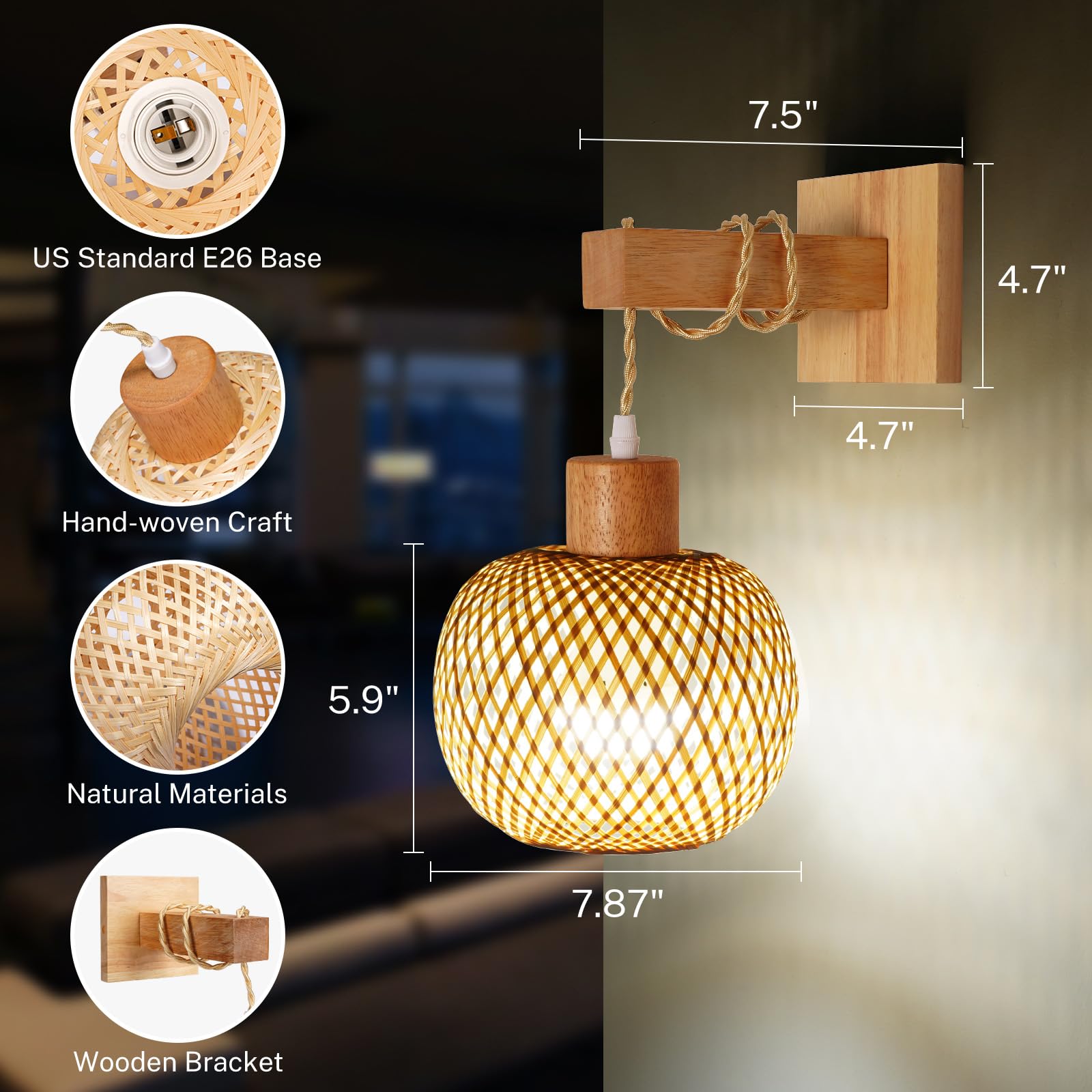 Glitnous Wall Sconce Battery Operated with Remote Control Set of 2, Rechargeable Rattan Wall Sconces with Bulb & Charger, Woven Bamboo Lantern Wall Light/Lamp Boho Wall Sconce for Bedroom Living Room