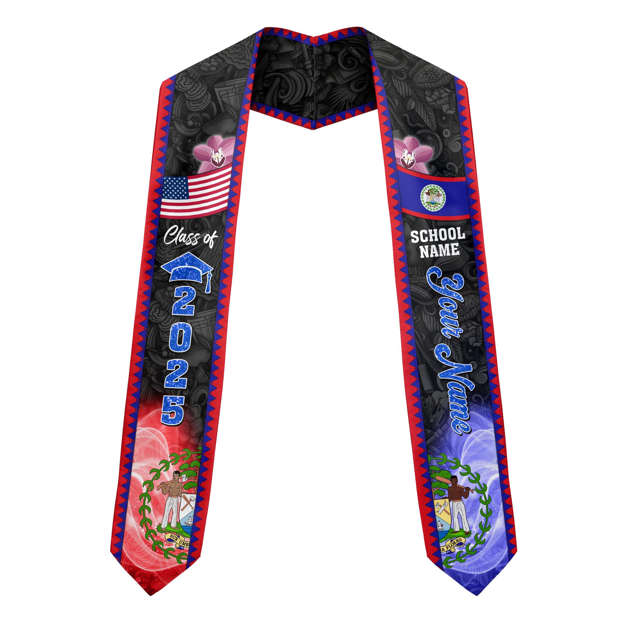 MonkeyVan Custom Belize Graduation Sash Belize Stole for Graduation Belize Flag Gift Graduation Sash Graduation Stole Bz14
