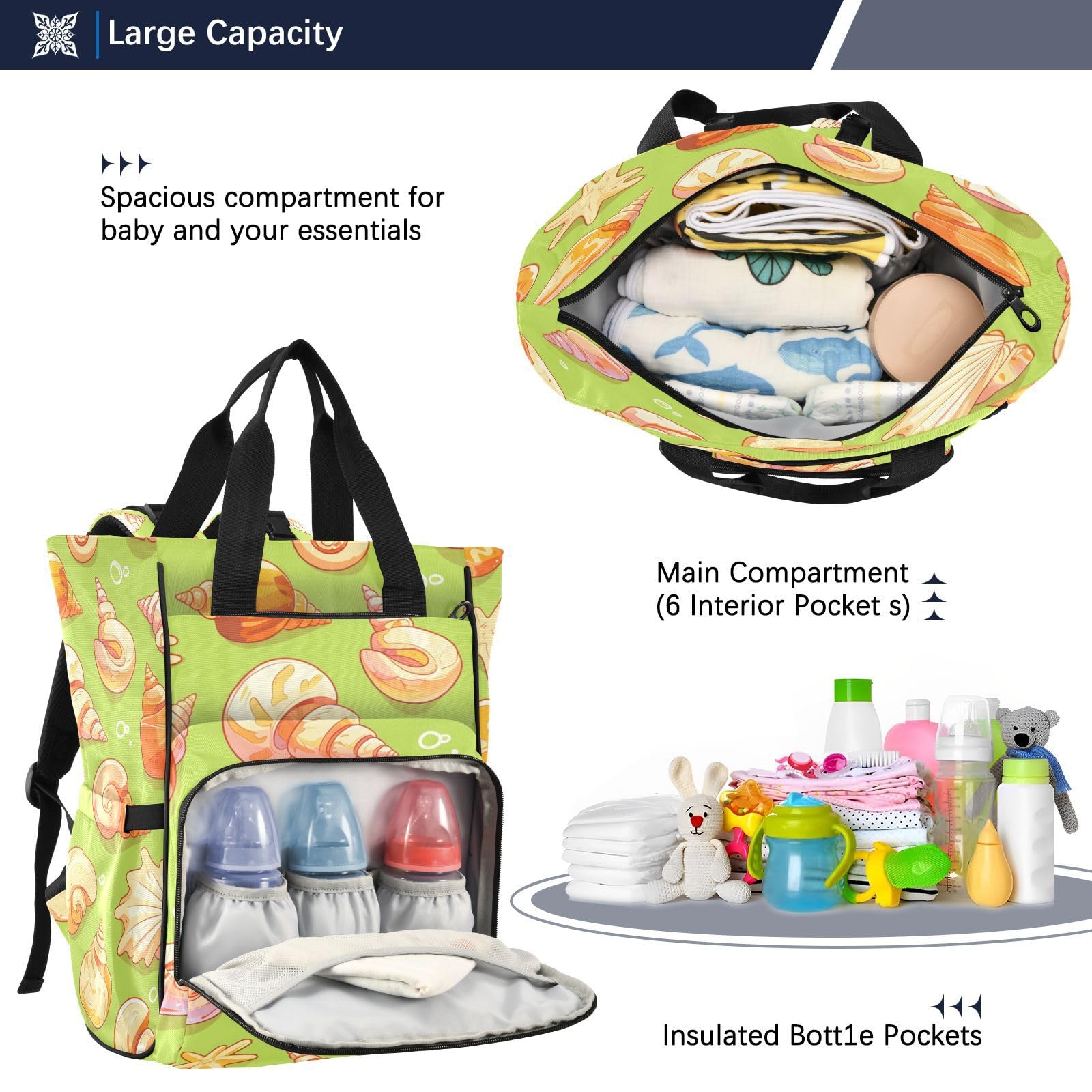 Conchas De Color Naranja Verano Mochilas de Pañales para Gran Capacidad Pañal Bolso Mochila para Viajar al Aire Libre Mamá y Papá