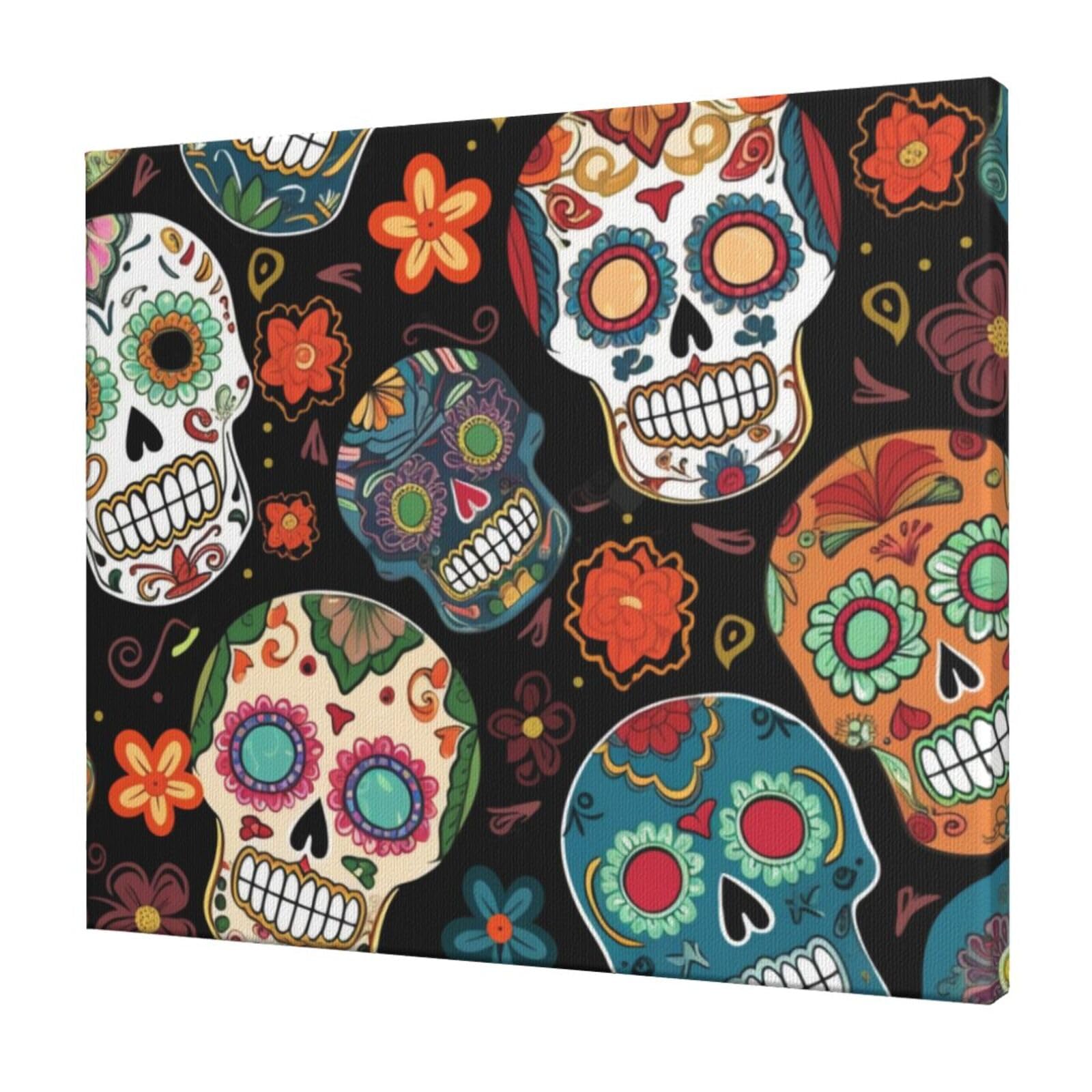 YKLJG sugar skulls Printed Wall Art Canvas Prints 60x50 CM Wooden Framed Picture Painting Artwork for Bedroom Kitchen Home Office Decor