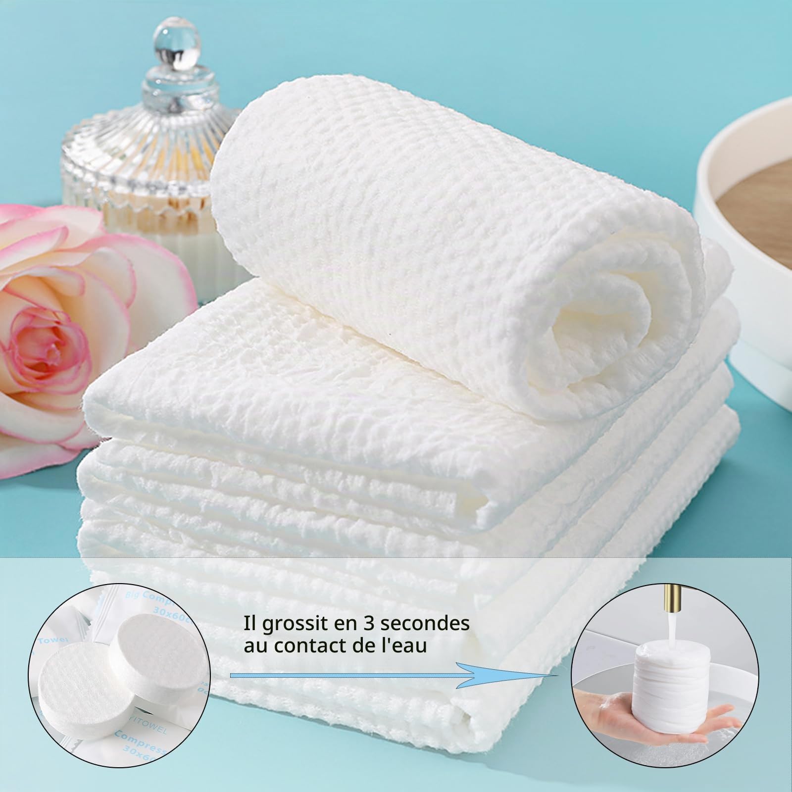 Serviettes Compressées Jetables Extra Épaisses 30x60cm - 100% Coton Hypoallergénique, Ultra-Absorbantes, Emballage Individuel Portable pour Voyage/Camping/Hôtel (Paquet de 10)