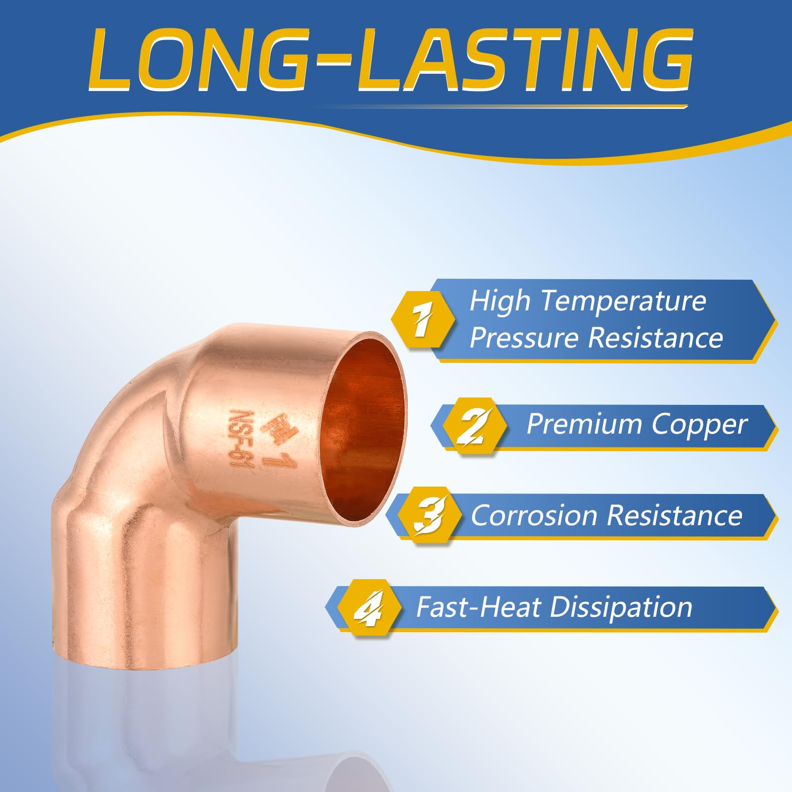 Paquete de 5 Codos de Cobre de 90° GUOFIS de 1 Pulgada C x 1 Pulgada C, Codos de Radio Corto LF con conexión de Soldadura para Uso residencial y Comercial (COPPER049)