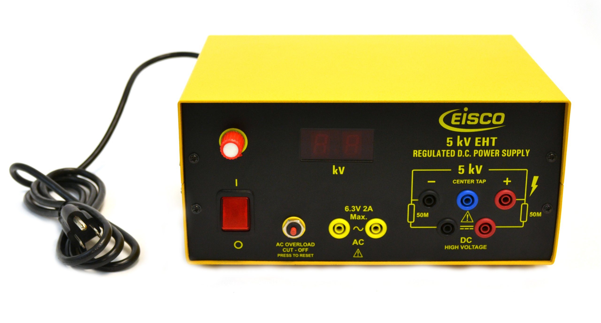 Eisco - High Voltage DC Regulated Power Supply, 100V to 5kV at 3mA, ±2.5kV Center Tap Output, 6.3V AC at 2A, Digital Voltmeter Display, Extra High