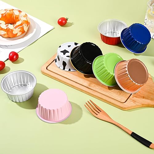 Miniatura 4 de Mini tazas de papel de aluminio para hornear cupcakes con tapas (40 unidades, 5 onzas), forros redondos de papel de aluminio para cupcakes, soporte