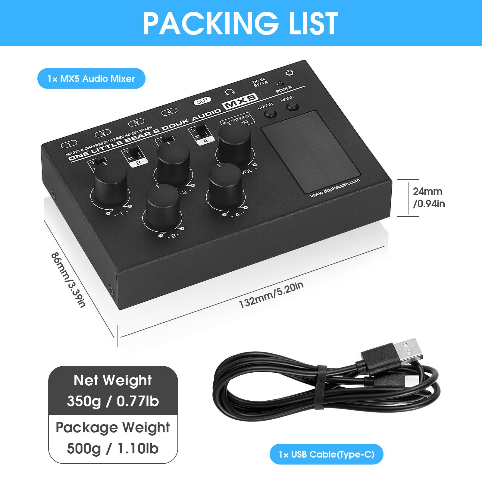 Douk Audio MX5 Mono/Stereo 4-Kanal Audio Mixer Ultra-rauscharmer Line Mixer LED Pegelmesser