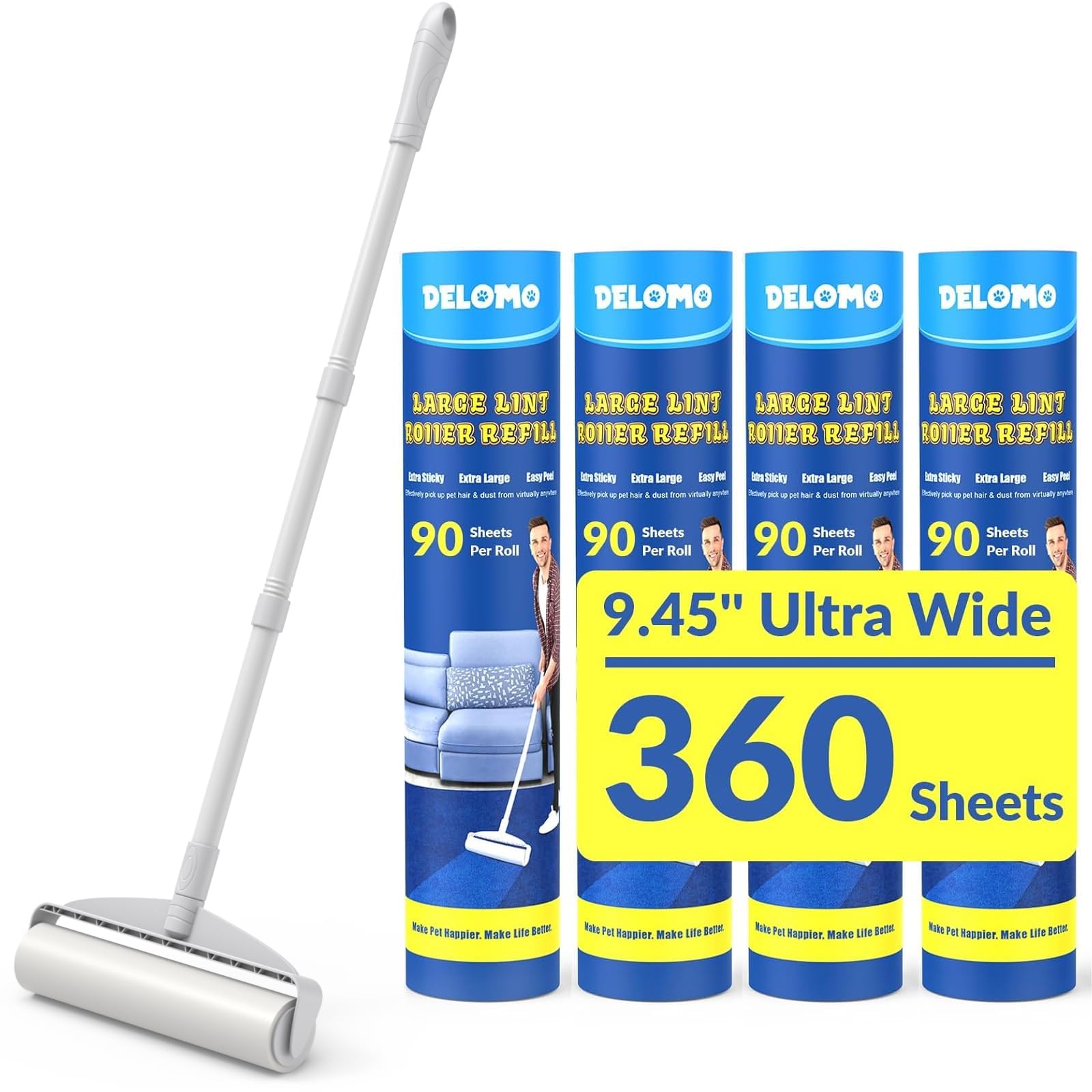 Large Lint Rollers for Carpet, Sticky Rollers for Floor DELOMO 9.45 in with 3 Extendable Handle, Long Handle Sticky Mop for Cleaning Carpets, Cars, Bedding, Couches, and Pet Hair