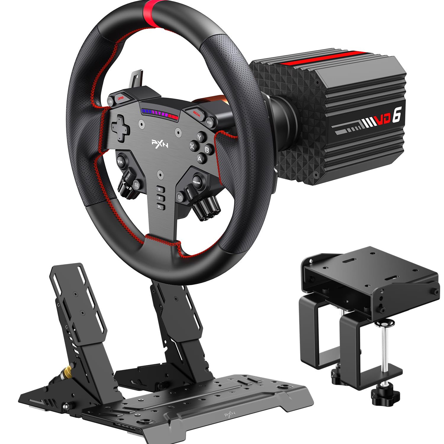 PXN VD6 Kit Volante per Sim Racing 6Nm – Base Servo a Bassa Inerzia, Volante da Corsa W AS, Pedaliera PD HM con Sensore Hall e Morsetto da Scrivania – Compatibile solo con PC Windows 7–11