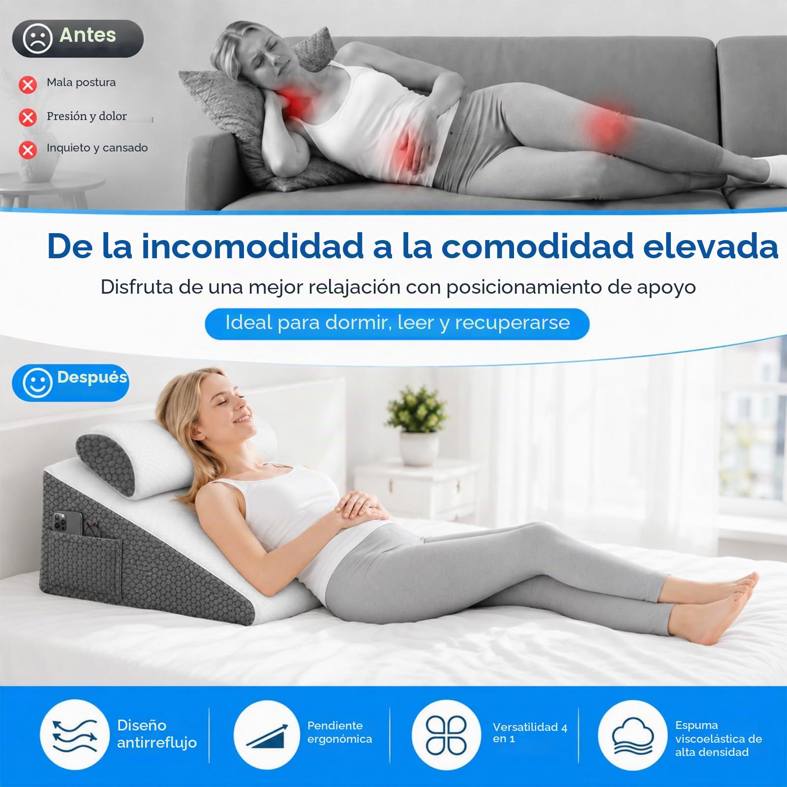 Cojín de Cama, Espuma viscoelástica, cojín Triangular | cojín inclinado con soporte para el cuello,funda lavable,reposapiés para el cuello,pierna, espalda,dormir,sentarse