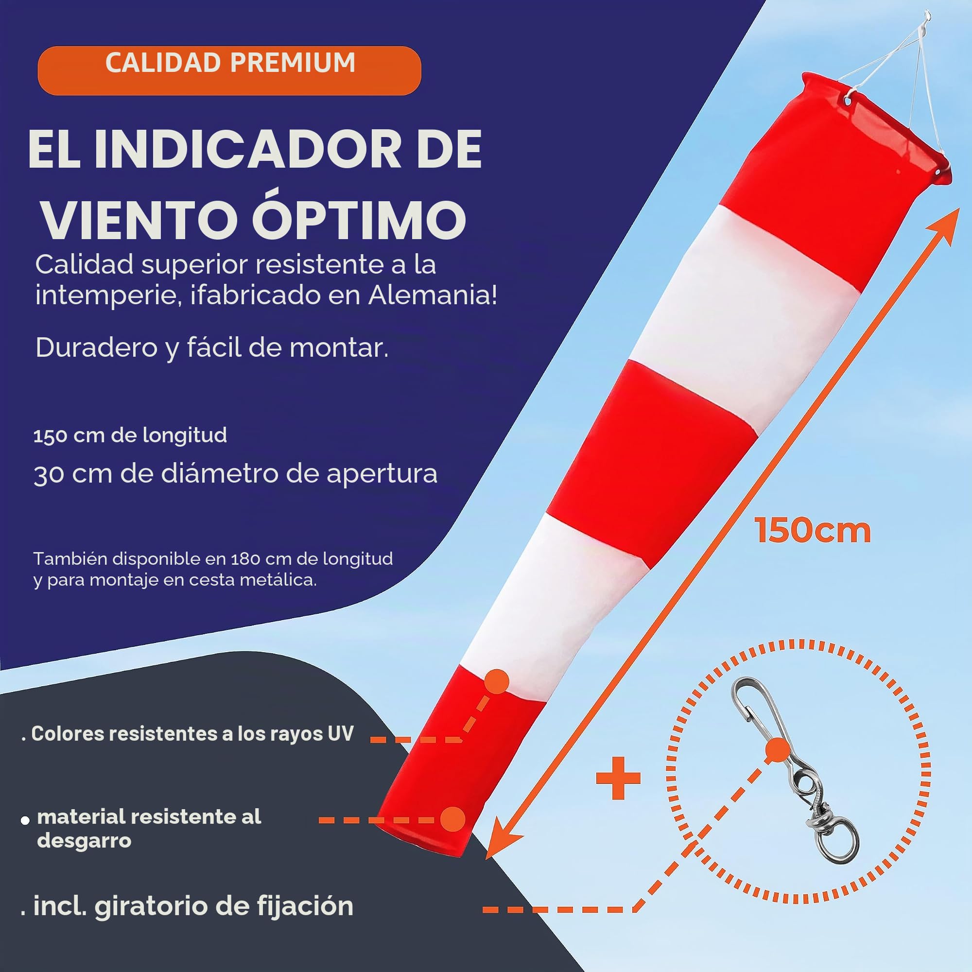 manga de viento para exteriores, indicador de la dirección del viento en rojo-blanco 150x30x15cm incl. suspensión y rótula, resistente a la intemperie, indicador de viento