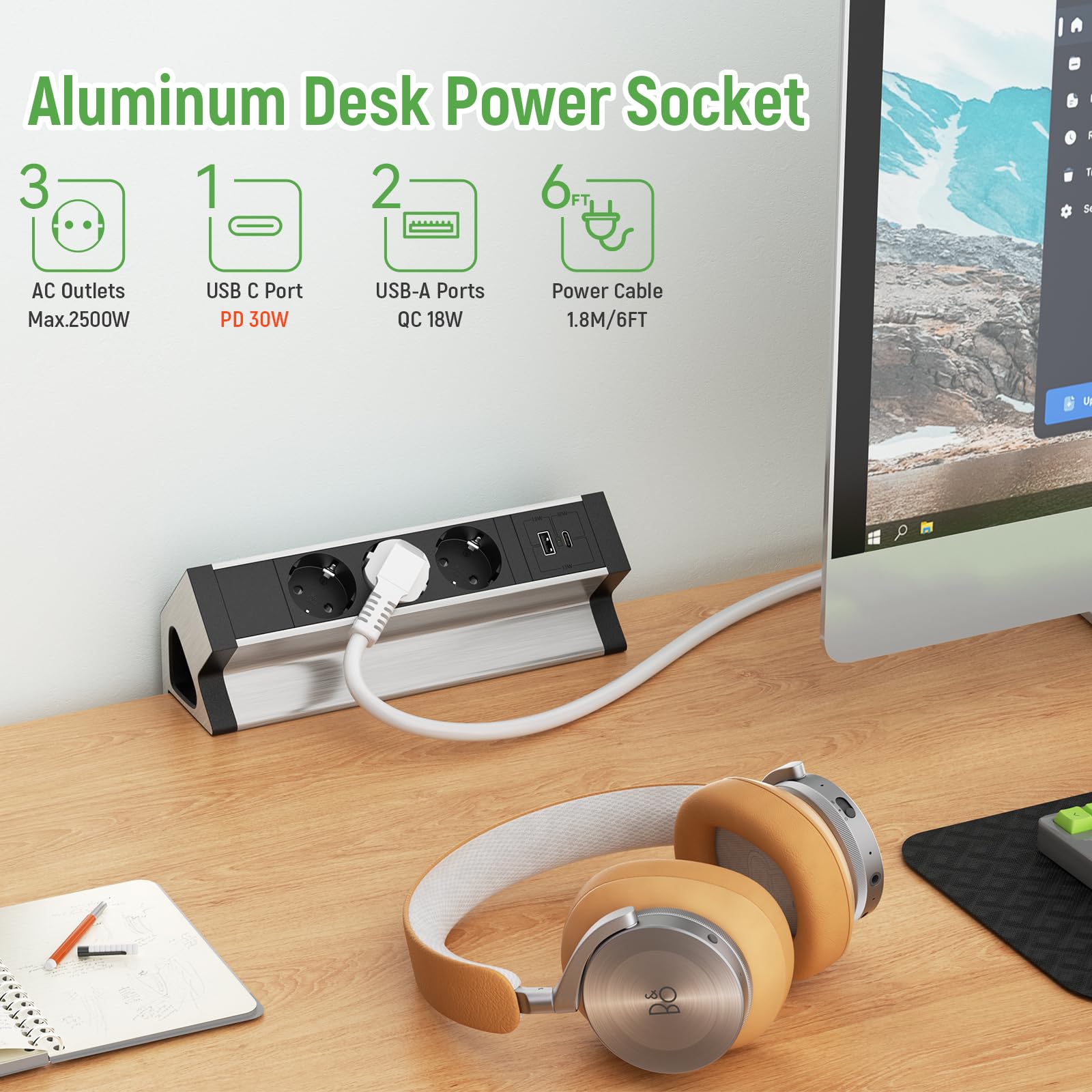 Ciabatta Multipresa con USB C, Multipresa Scrivania 3 Presa e 2 porte USB, Presa Multipla Impostazione Salvaspazio per Tavolo, Scrivania, 2500W/16A, Nera, Cavo da 1,8M
