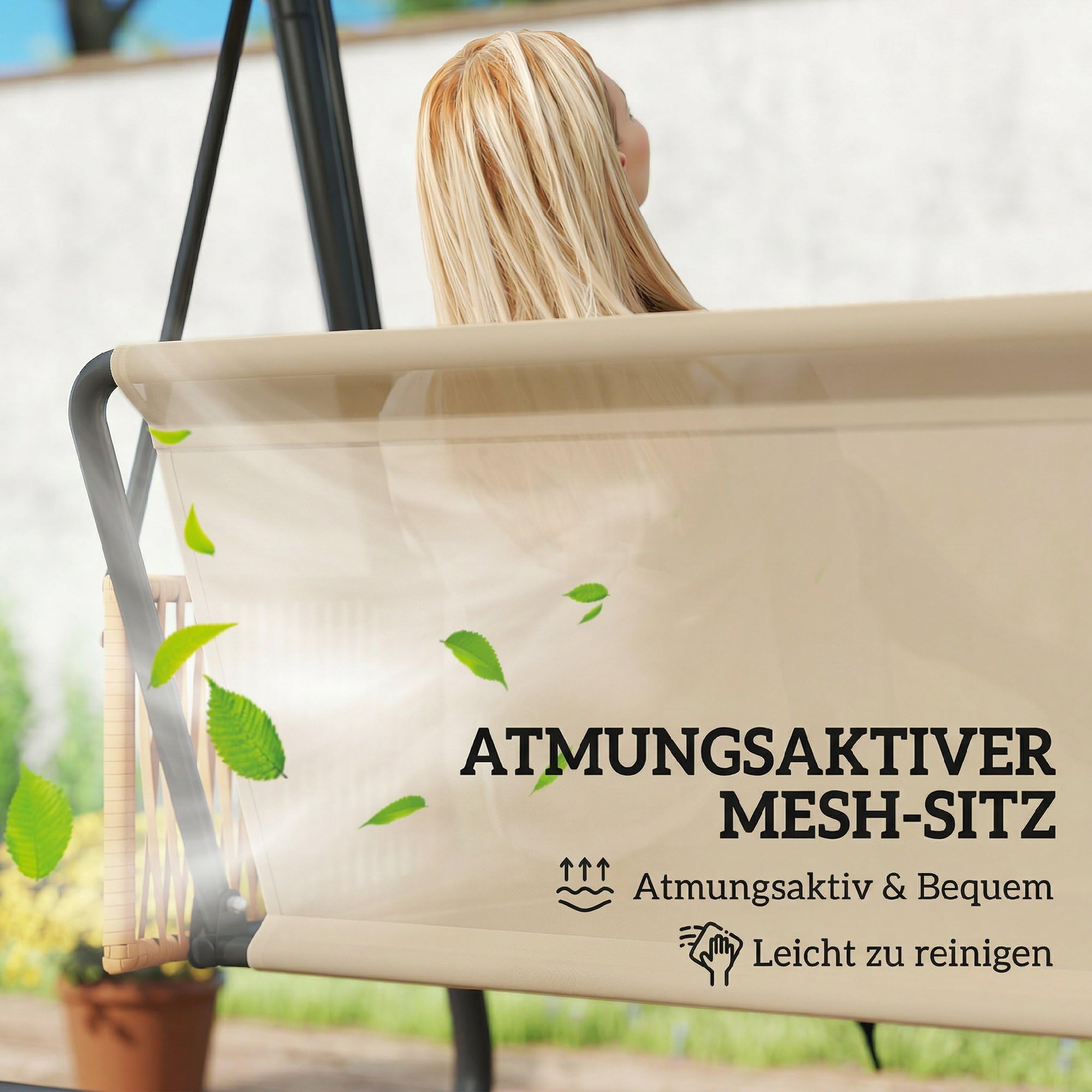Outsunny Hollywoodschaukel 3-Sitzer Gartenschaukel mit verstellbar Sonnendach abnehmbar atmungsaktiv Sitzauflage Rattan-Arm, Metall UV 30+ Schaukelbank bis 360kg, 203 x 121 x 165 cm Sand