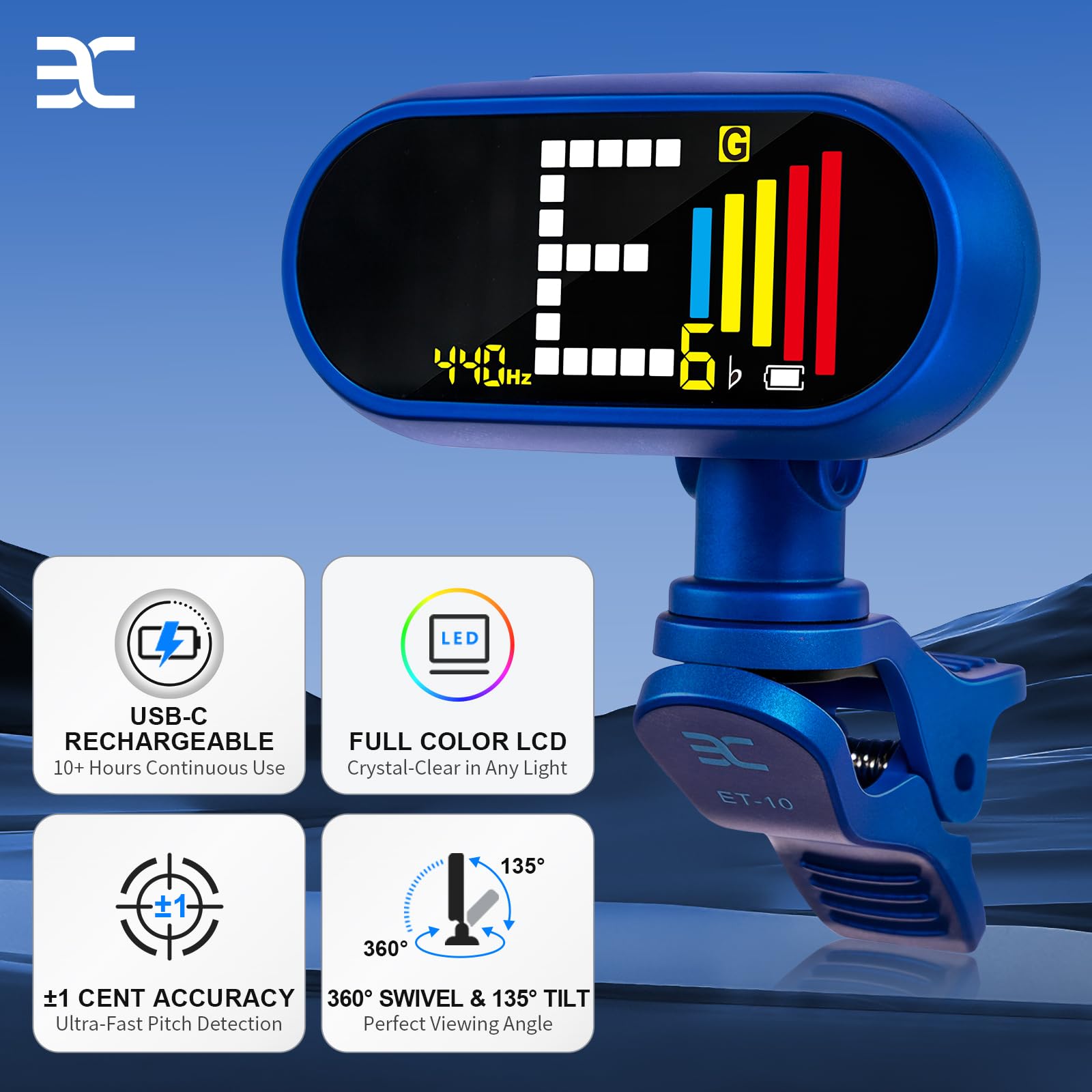 EX Accordeur chromatique professionnel rechargeable pour guitare — Accordeur rapide et ultra précis avec écran LCD couleur pour guitare acoustique, basse, ukulélé et violon, bleu