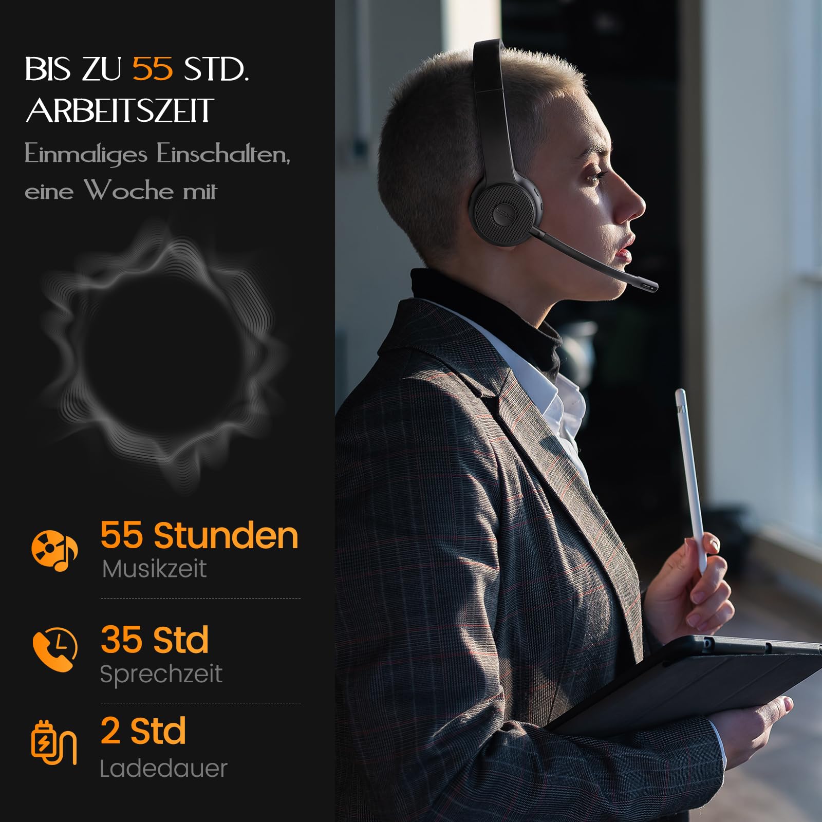 EKSA H16 Wireless Headset, Bluetooth 5.2 Headset mit Mikrofon & USB Dongle [Bis zu 55 Stdn & 15 Meter Reichweite] Kopfhörer Kabellos mit AI Noise Cancelling Mic für PC Skype Zoom Laptop BüroTelefon