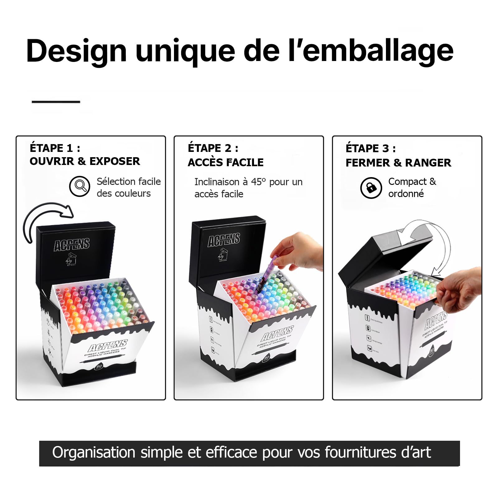 Marqueurs peinture acrylique double pointe, 80 couleurs vives, contrôle automatique de l’encre, séchage rapide, encre fidèle au capuchon, avec boîte, pour DIY, verre, pierre, toile
