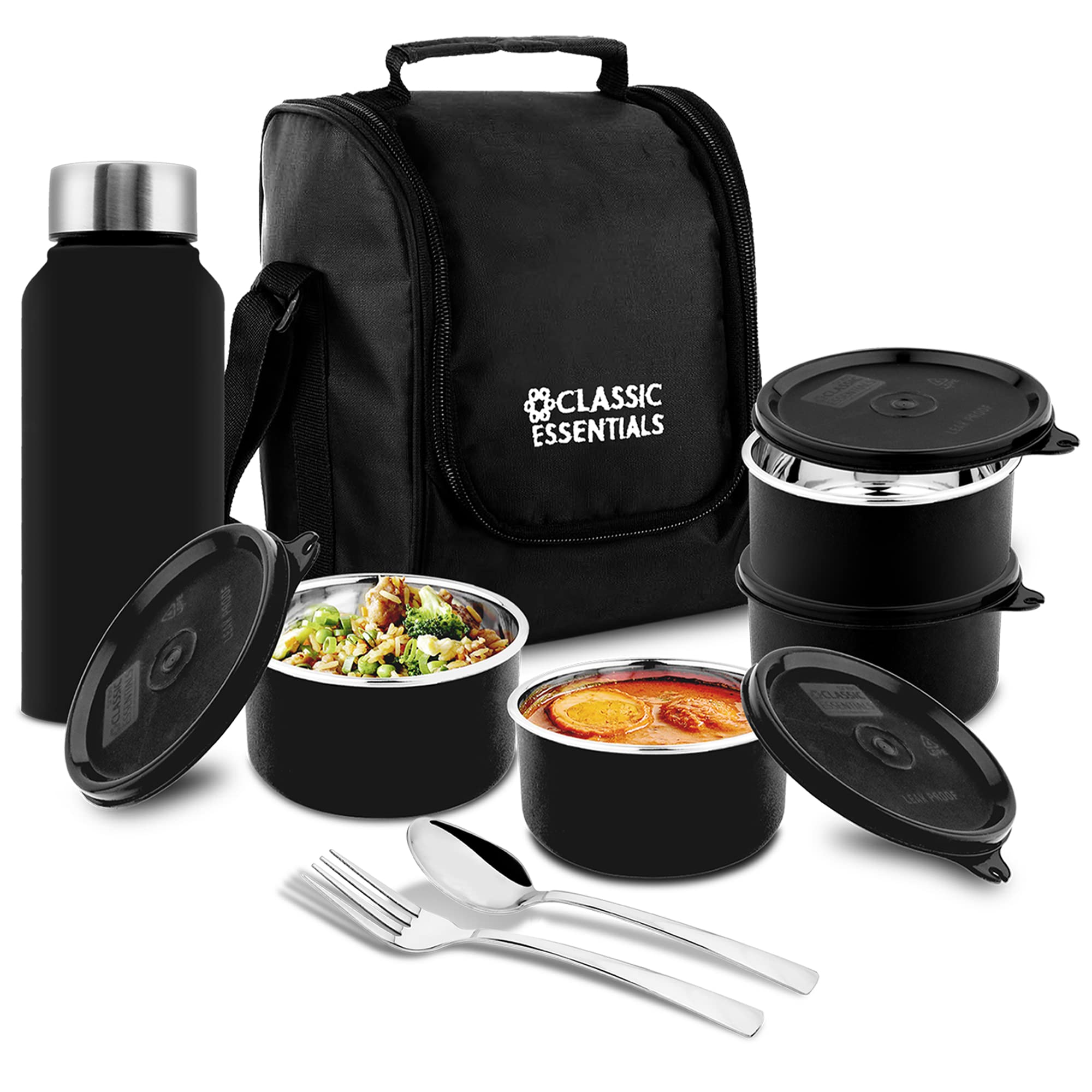 CLASSIC ESSENTIALS Supreme All in One Lunch Box Set of 5 with Fabric Bag|4  Plastic Microwave Safe Container with Steel Inner and 1 Steel Bottle|Lunch