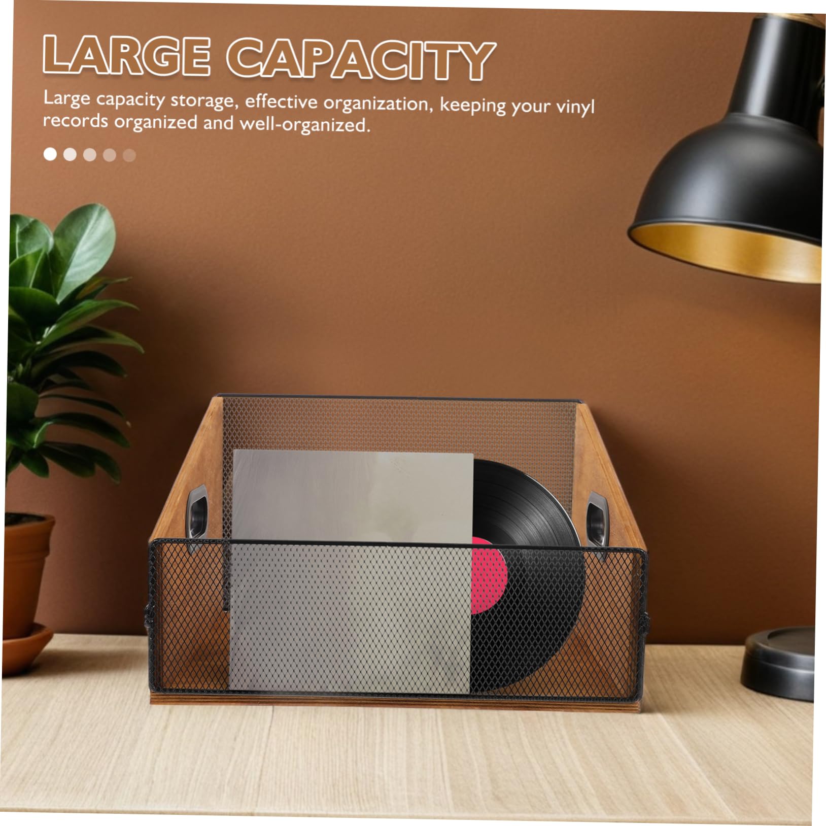 Scatola Porta-album in Legno e Ferro con Manici per Vinili | Colore Coffee, Finitura Liscia Protettiva, Capienza Ampia per Riviste e Libri