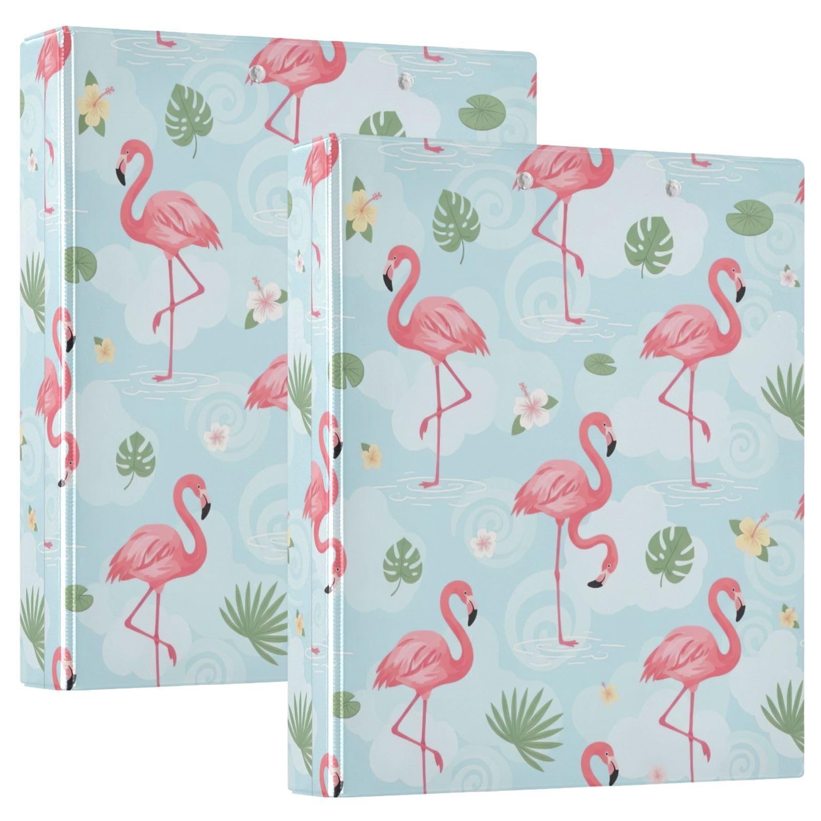 Carpeta de 3 anillos, carpeta de anillos en D azules con flamencos rosados, paquete de 2 | Con portapapeles y bolsillos, para escuela, universidad, oficina