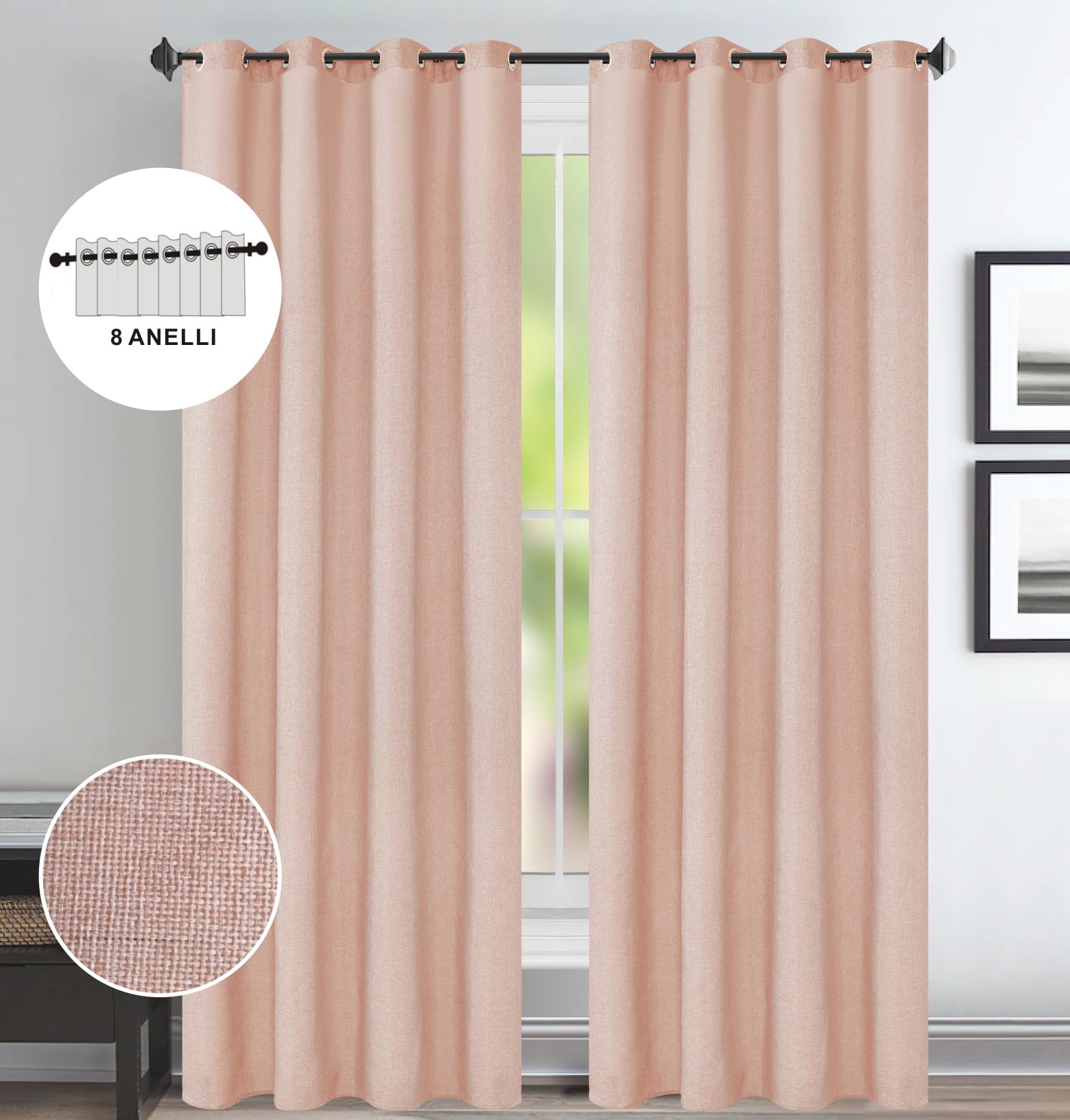 TENDA SINGOLA LINO 140X280 PANNELLO ANELLI SEMICOPRENTE ROSA