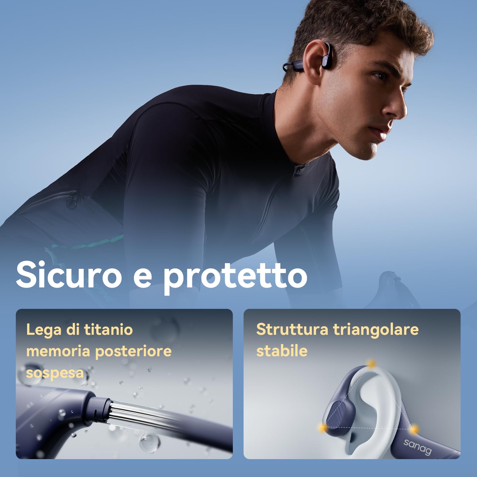 SANAG B21S Cuffie Conduzione Ossea, Open Ear Auricolari Wireless Bluetooth 5.4 con Impermeabili IPX5, Microfono, HiFi 5.4 Bassi, 10 Ore di Riproduzione per Corsa, Ciclismo, Sport (Blu)