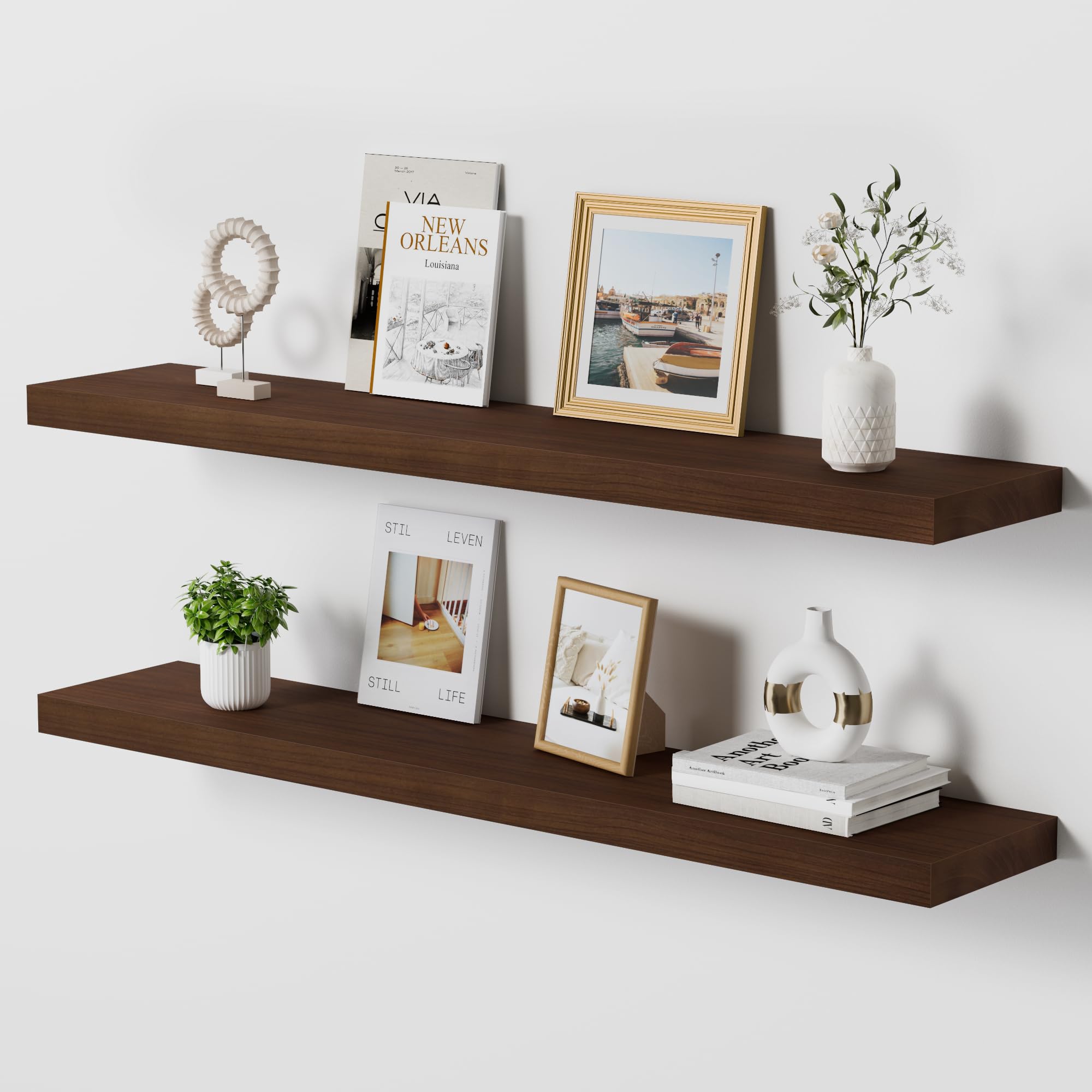 36 Inch Floating Shelves - Large Floating Shelves for Wall - Rustic Wood Floating Shelves - 9.3 Inch Deep Floating Shelves - Wall Mounted Display Shelves for Bedroom - Living Room - Walnut - Set of 2