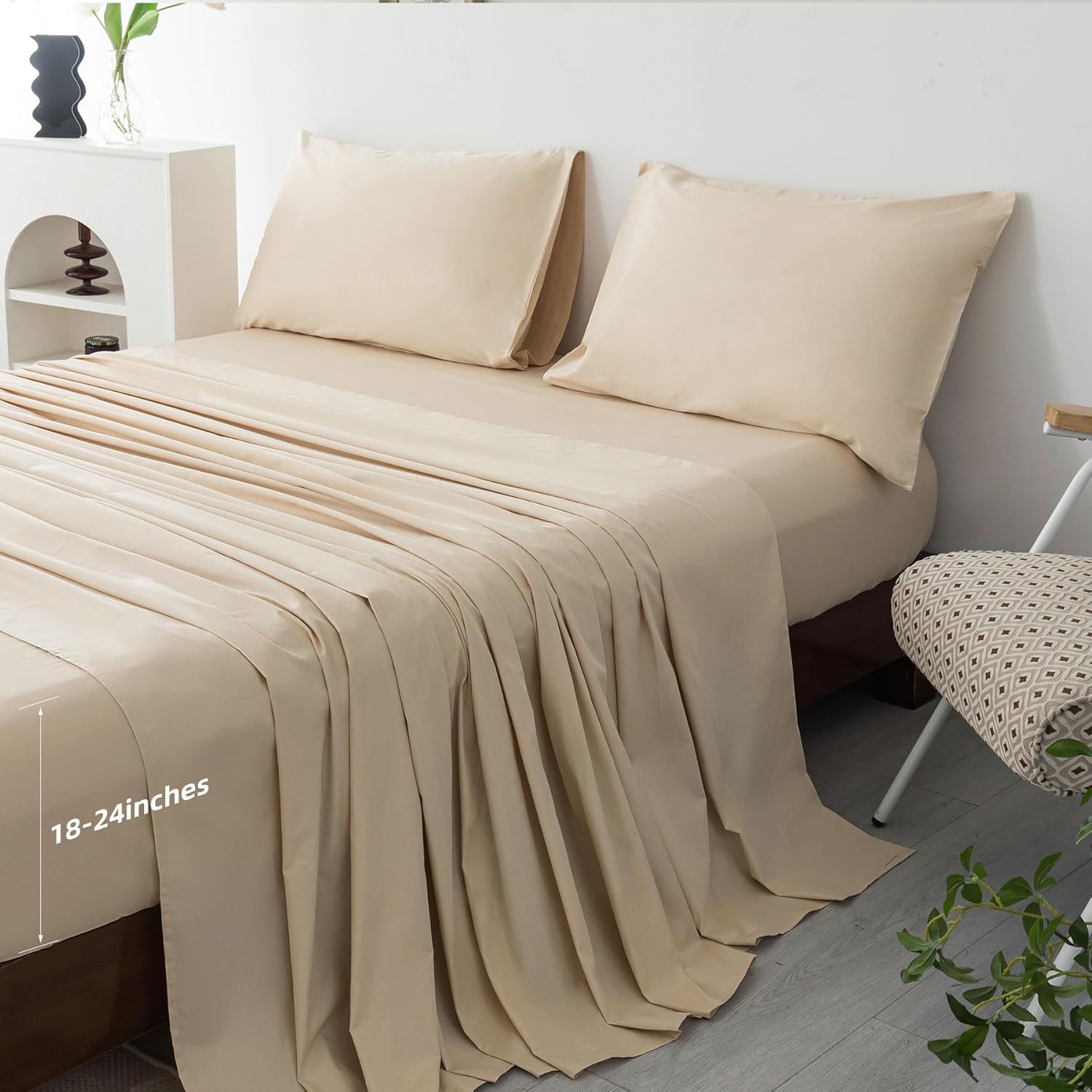 Levoo 100% Cotton Sheets Queen Size Set 18"-24" Extra Deep Pocket Sheets Set Soft Breathable Cooling 4Pcs Bed Sheets with 1 Flat Sheet, 1 Fitted Sheet, 2 Pillowcases (Queen, Beige)