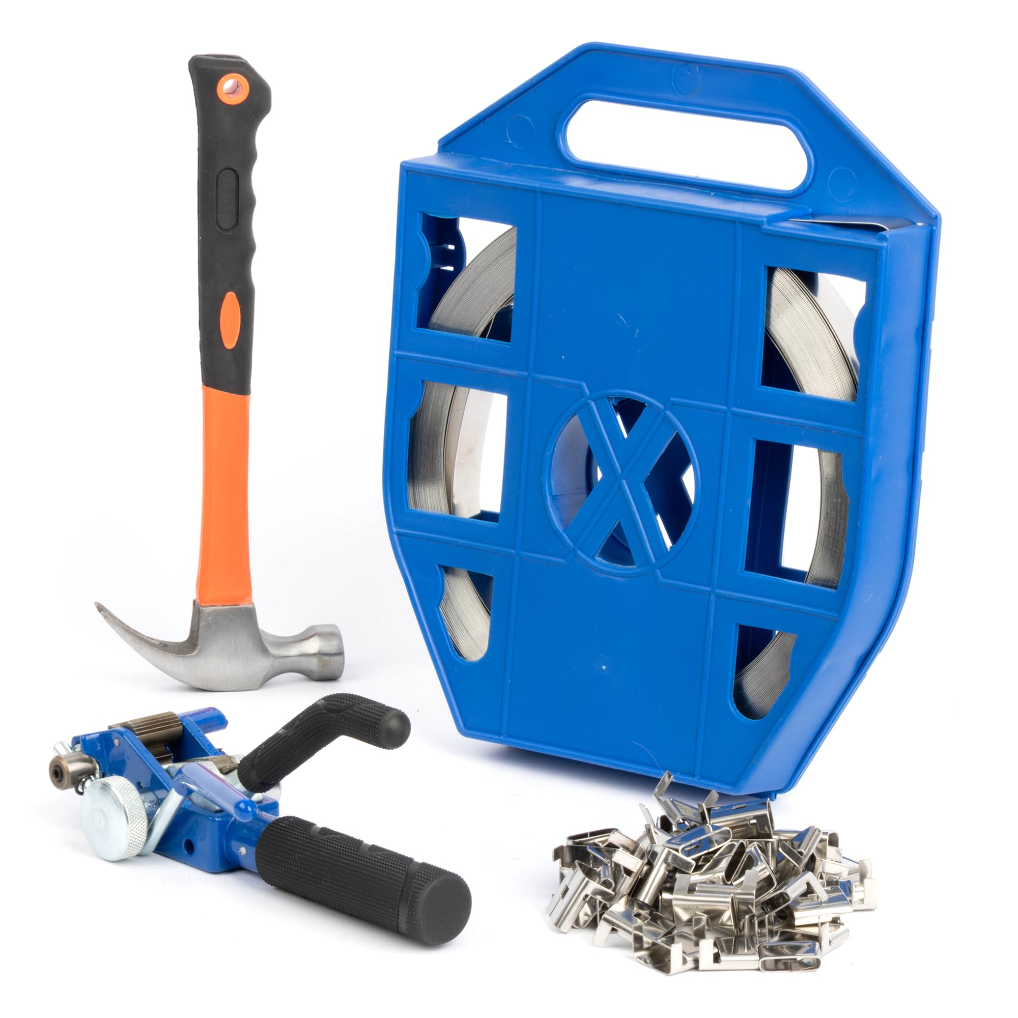 U.S. Solid Edelstahl-Bandset 304 - Umreifungszange mit 19mm x 30m Bandrolle, 100 Sicherungsclips + Hammer für stabile Palettenverpackung