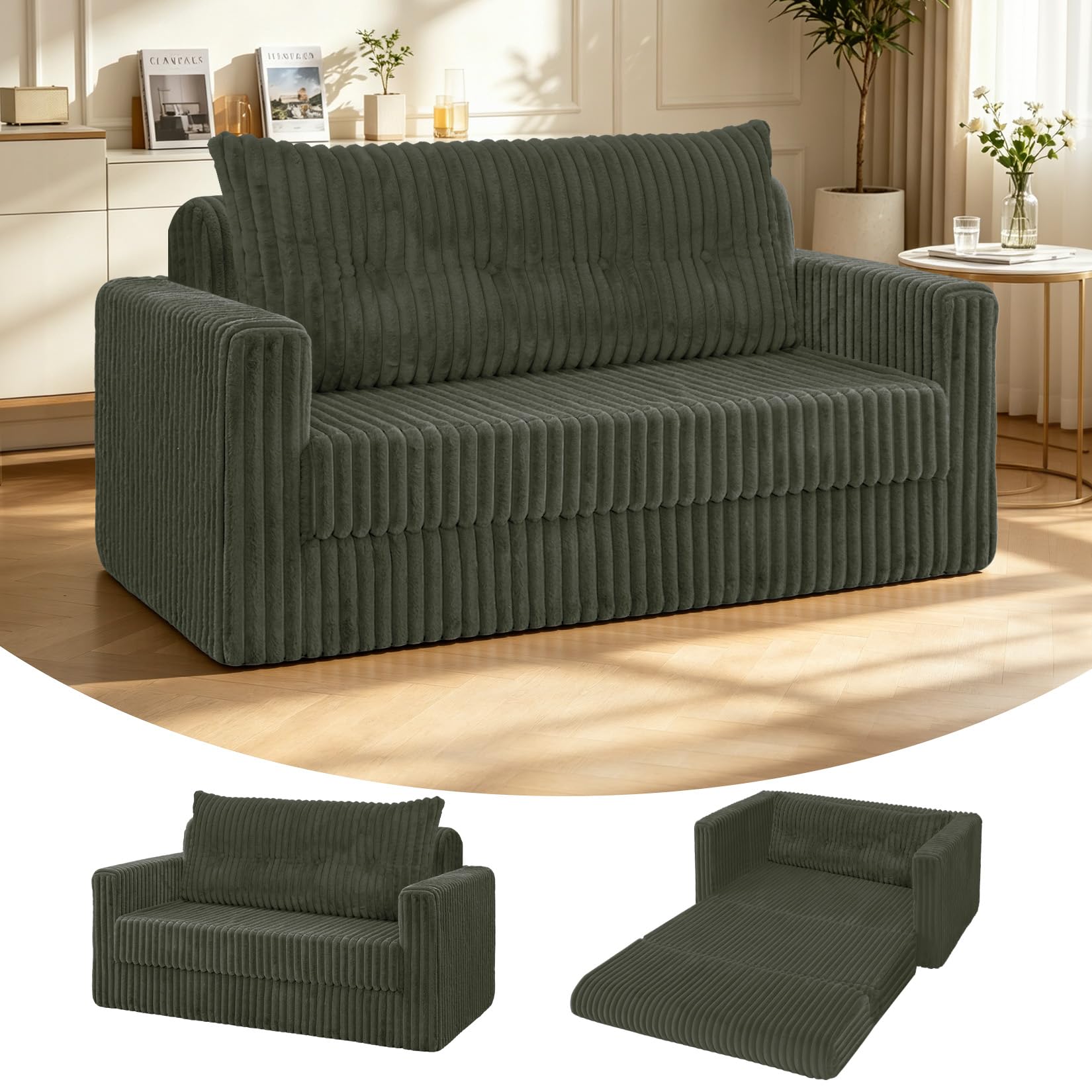 HABUTWAY 49.8" Loveseat Boneless Couch, 4-in-1 Convertible Sofa Bed, Plush Fur Folding Futon Sofa Bed Couches with a Pillow for Living Room, High-Density Foam Support, No Assembly Required, Green