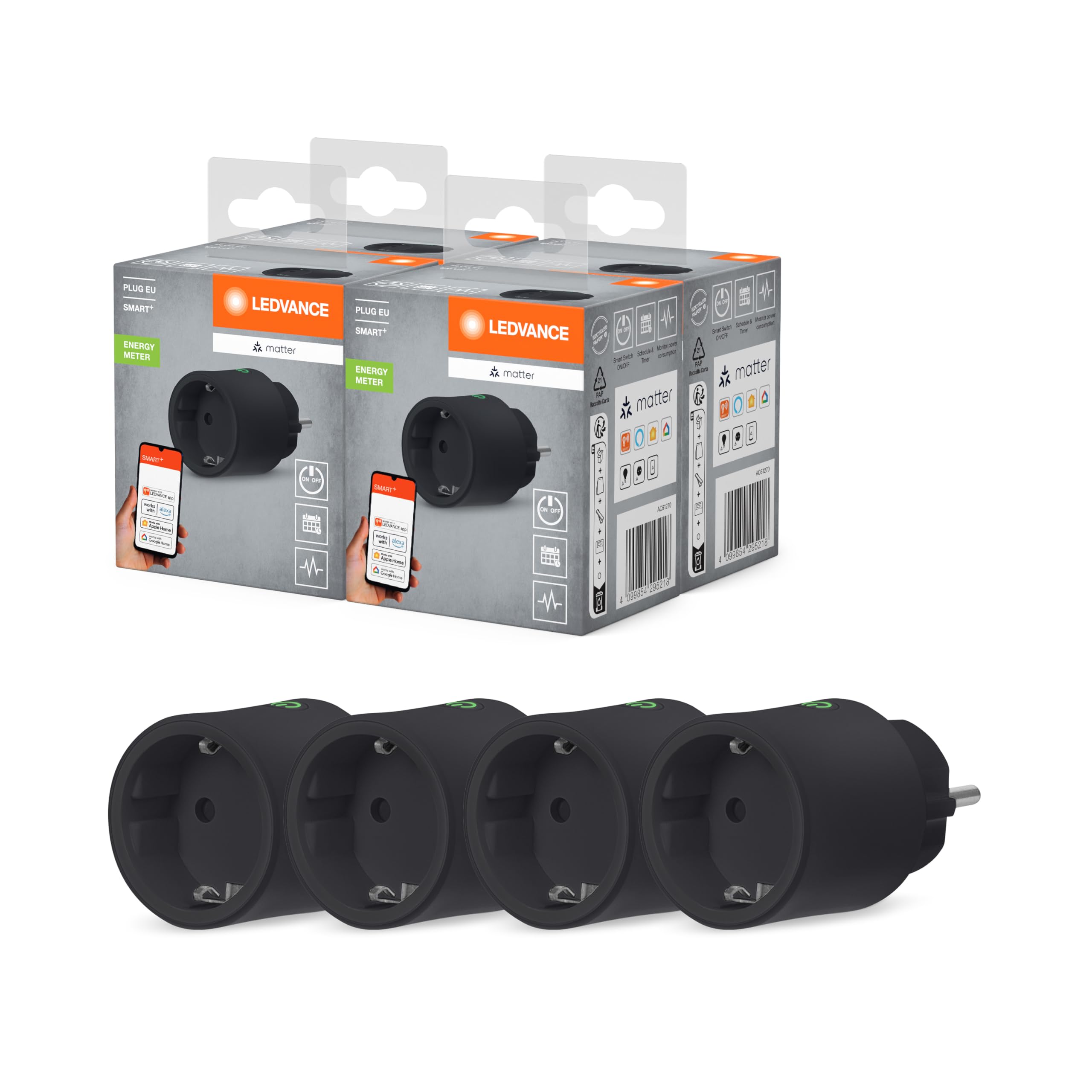 LEDVANCE LEDVANCE SMART+ Indoor Plug, Presa intelligente con Matter over WiFi, per l'integrazione di dispositivi tradizionali nella smart home, compatibile con Alexa, Google e Apple, nero, confezione da 4