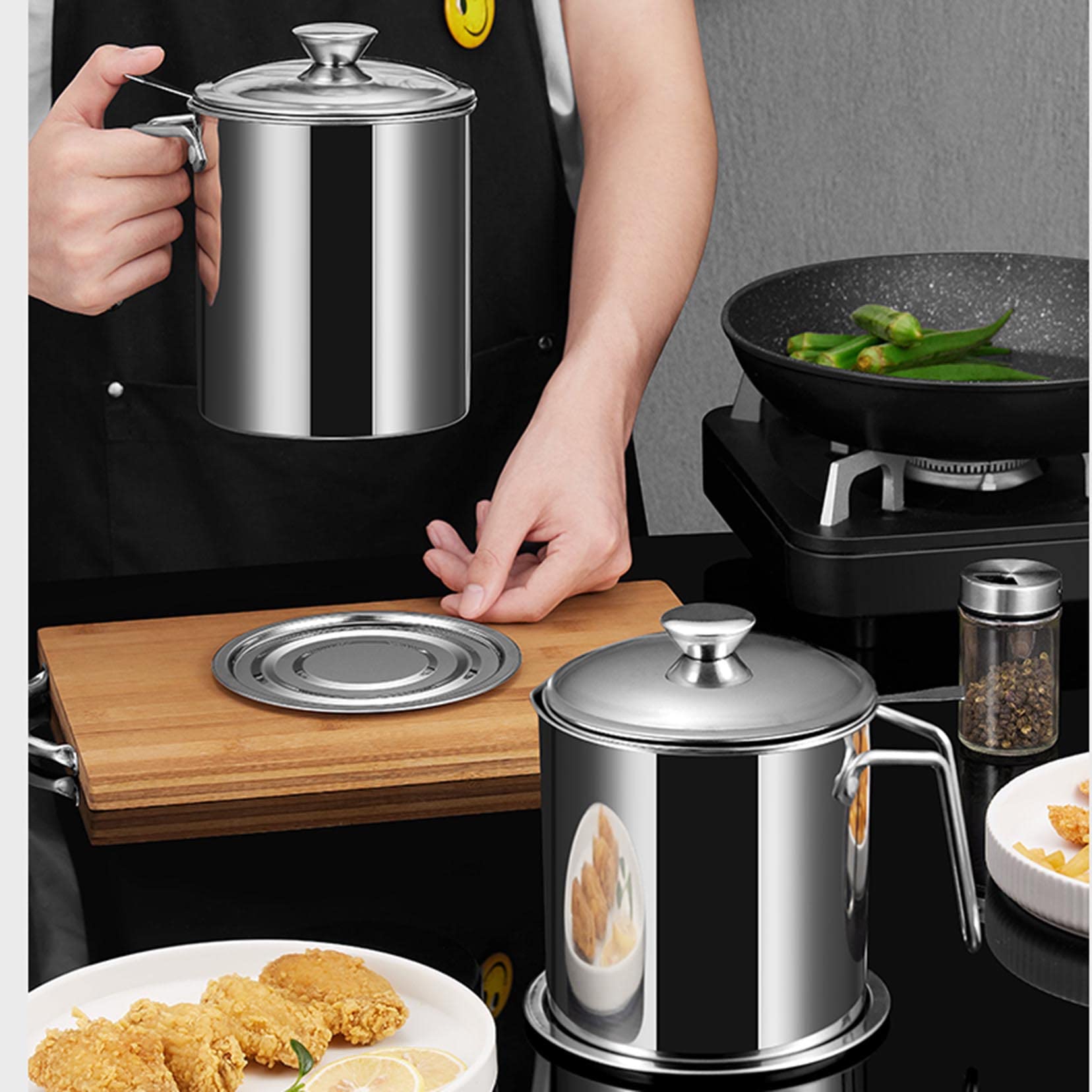 Recipiente de acero inoxidable para grasa de tocino (1,4 L, 1,8 L, 2,1 L) con colador, lata de almacenamiento de aceite de cocina para freír y cocinar, olla de grasa para uso en encimera, color