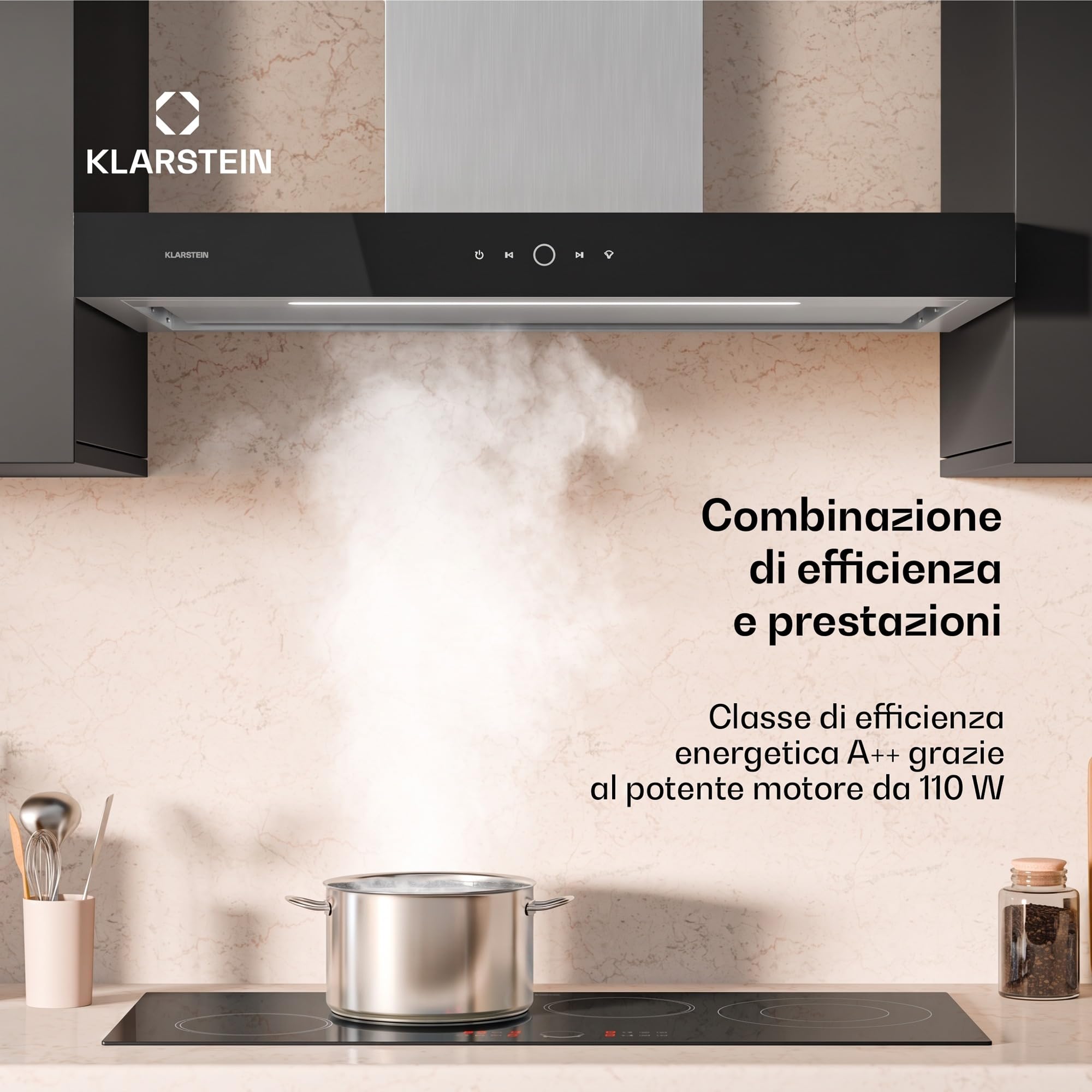 Klarstein SmartEdge Cappa Aspirante - 90cm, 530 m³/h, A+ Efficienza Energetica, Controllo Touch & Wi-Fi, LED, Silenziosa 34 dB, Acciaio Inox, Cappa Cucina