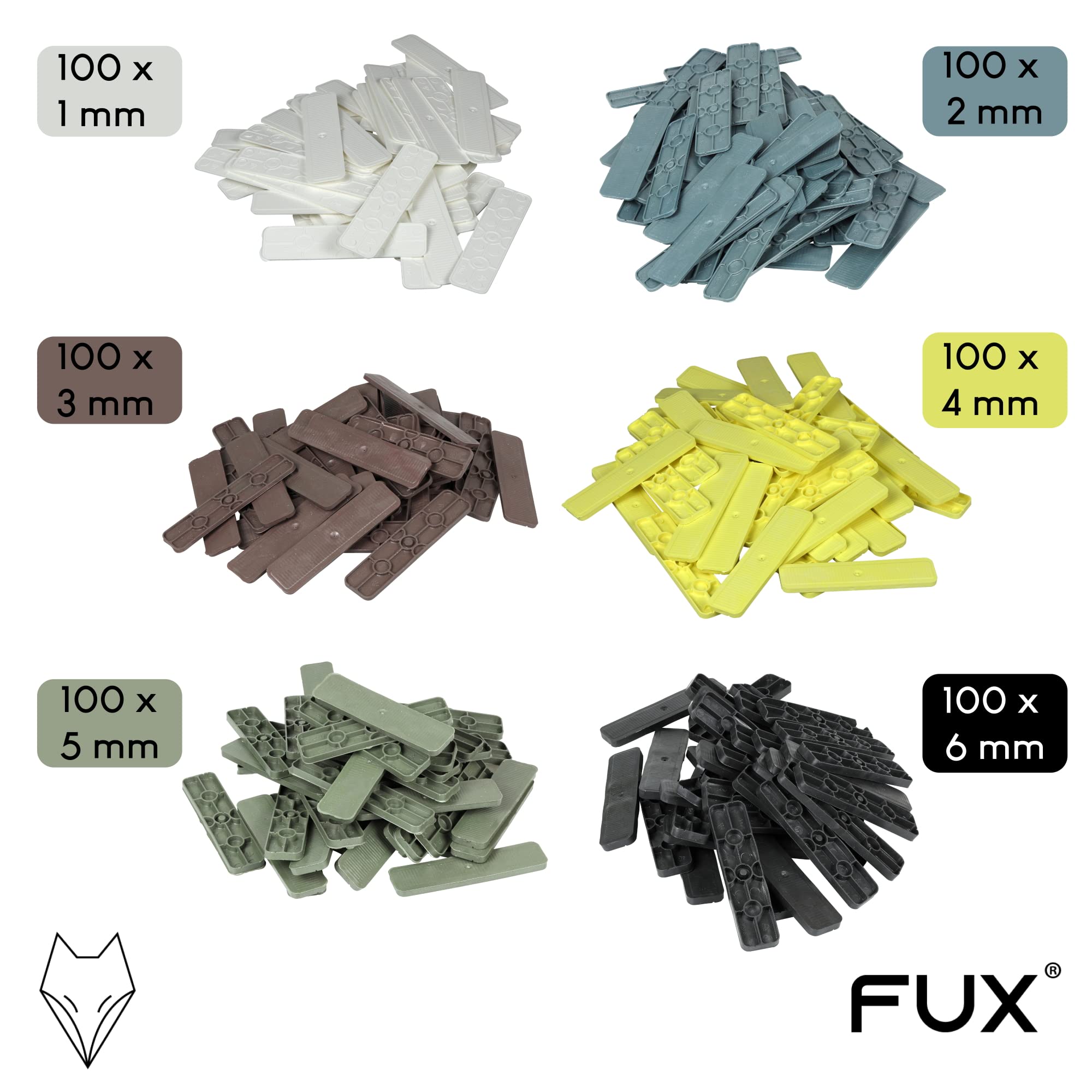 FUX Set distanziatori in plastica, 100 x 24 x 1 – 6 mm, in valigia, mattoncini per vetri, piastre distanziali, piastre in plastica, piastre di compensazione, cunei per finestra