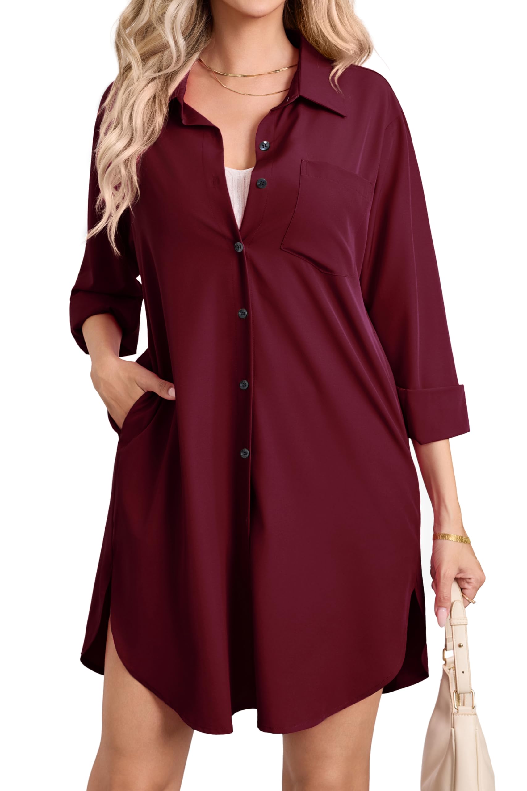 Enmain Camicia Donna Maniche Lunghe Bottone Blusa Abito Lungo in Cotone Casual con Tasche