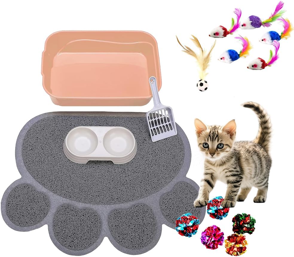 Kitty Litter Box Starter Kit - Small Cat Litter Pan Without Lid, Litter Mat, Scoop and Bowl for Kitten Within 3 Months (PinkScoop Set)