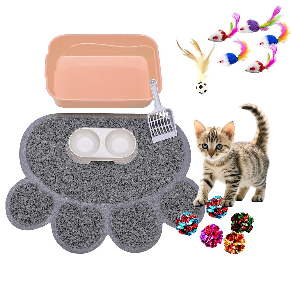 Kitty Litter Box Starter Kit - Small Cat Litter Pan Without Lid, Litter Mat, Scoop and Bowl for Kitten Within 3 Months (PinkScoop Set)