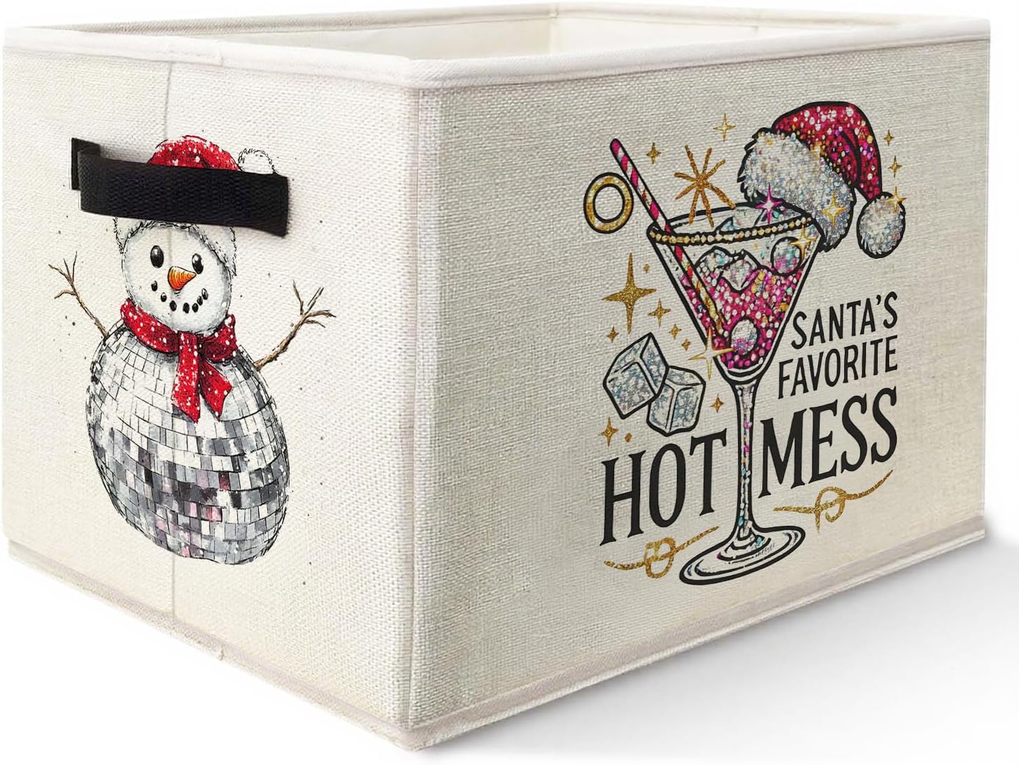 Christmas Disco Snowman Storage Basket with Handles, Gifts for Martini Lovers, Funny Santa Cocktail Collapsible Fabric Storage Bins Organizer Bag for Gifts Bedroom Bathroom Clothes Toys Books