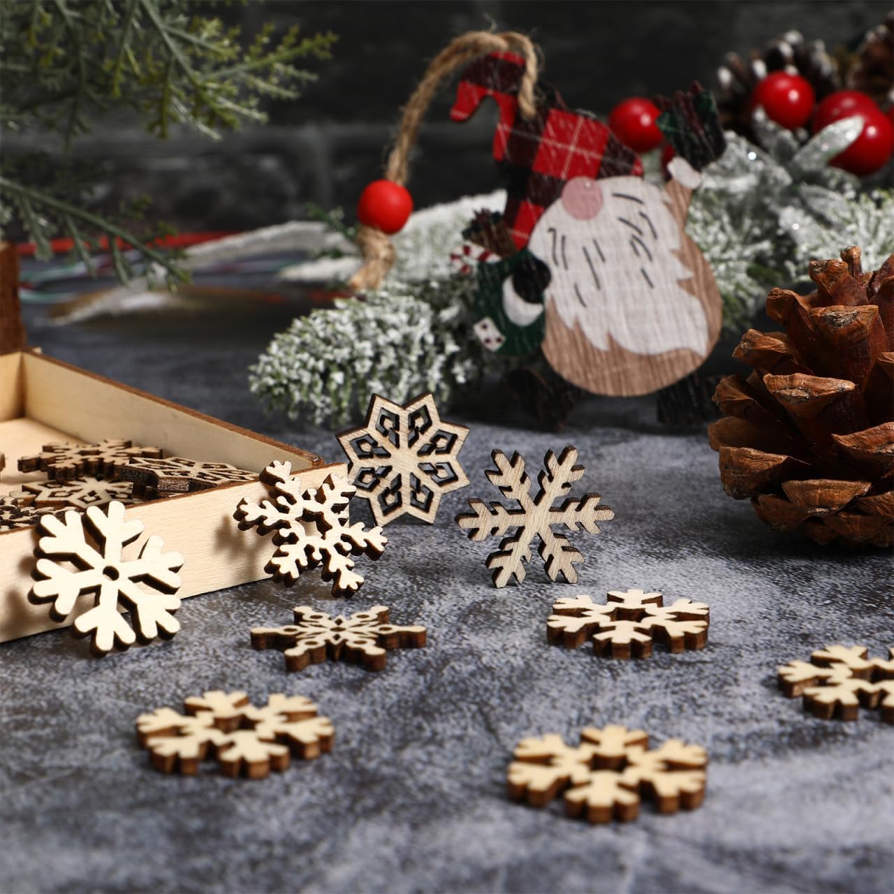 Tofficu 50pcs Assorted Pattern Wooden Pieces: Wood Christmas Ornaments for Crafts, Snowflakes for Crafts, Christmas Snowflake Cutouts Craft, Decorative Accessories Manual Ornament for DIY Art