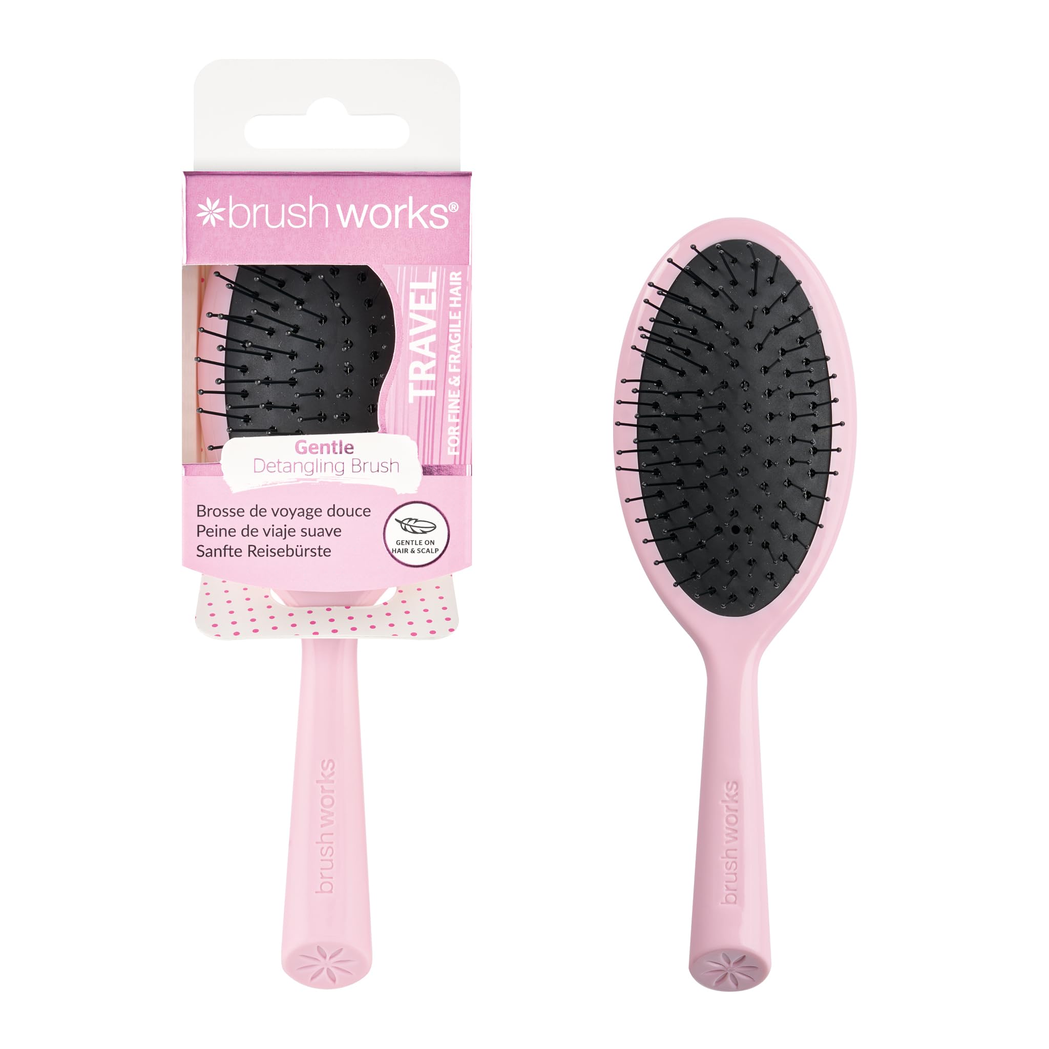 Brushworks Gentle Travel Hair Brush – Compact Detangling Brush for Fine & Fragile Hair – Ultra-Flexible Pins for Pain-Free Detangling – Lightweight & Made from 65% Recycled Materials