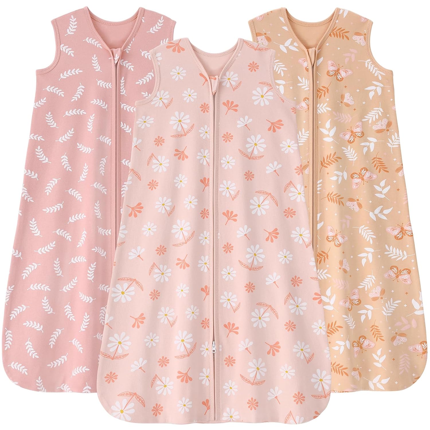 Baby Sleep Sack 12-18 months, 100% Cotton Sleeping Sack for Newborn and Infant, 3 Pack Baby Wearable Blanket for Boy and Girl, 0.5 Tog Lightweight Double Zipper Sleep Bag Pink Orange Flower