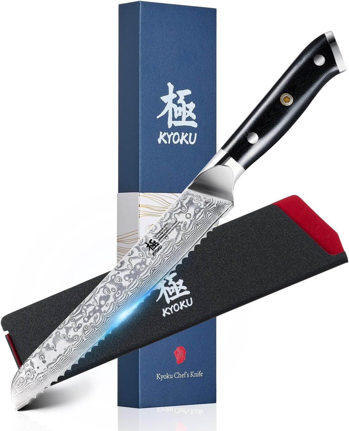 KYOKU 8" Serrated Bread Knife - Gin Series - VG10 Damascus Japanese Style Steel Kitchen Knife with Silver Ion Blade G10 Handle Mosaic Pin, Professional Razor-Sharp Bread Cutting Slicing
