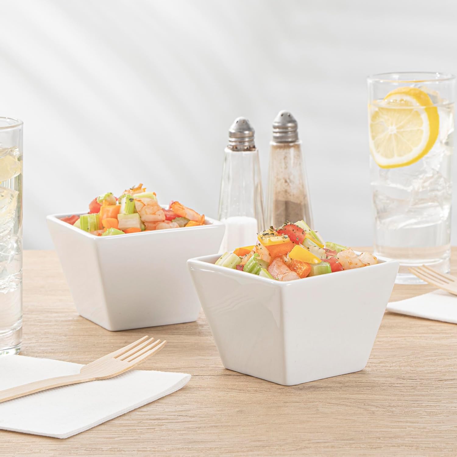 Restaurantware 6 Ounce Small Dessert Cups 10 Square Fondue Bowls - Oven Safe Chip Resistant White Porcelain Porcelain Dip Bowls Dishwasher Safe For Snacks Or Desserts