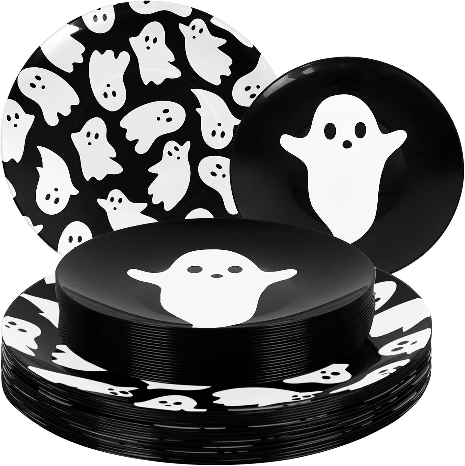 Whaline 40Pcs Halloween Plastic Plates Cute Ghost Reusable Plate Black White Dinner Dessert Plates for Spooky Holiday Birthday Party Supplies Table Decor