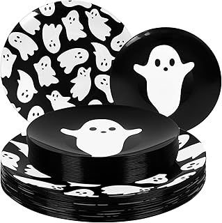 Whaline 40Pcs Halloween Plastic Plates Cute Ghost Reusable Plate Black White Dinner Dessert Plates for Spooky Holiday Birthday Party Supplies Table Decor