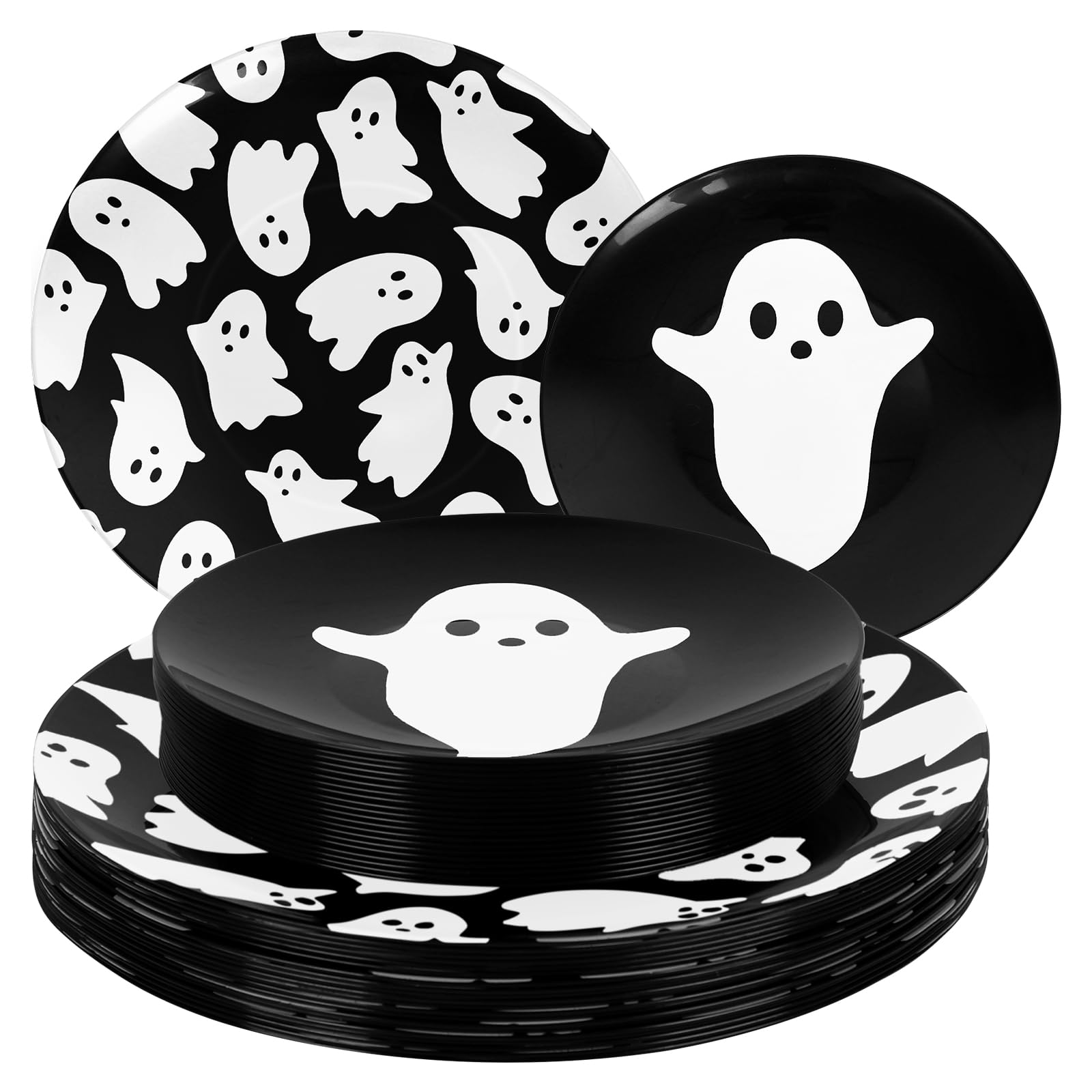 Assiettes en plastique Halloween Whaline vaisselle réutilisable noire blanche fantôme