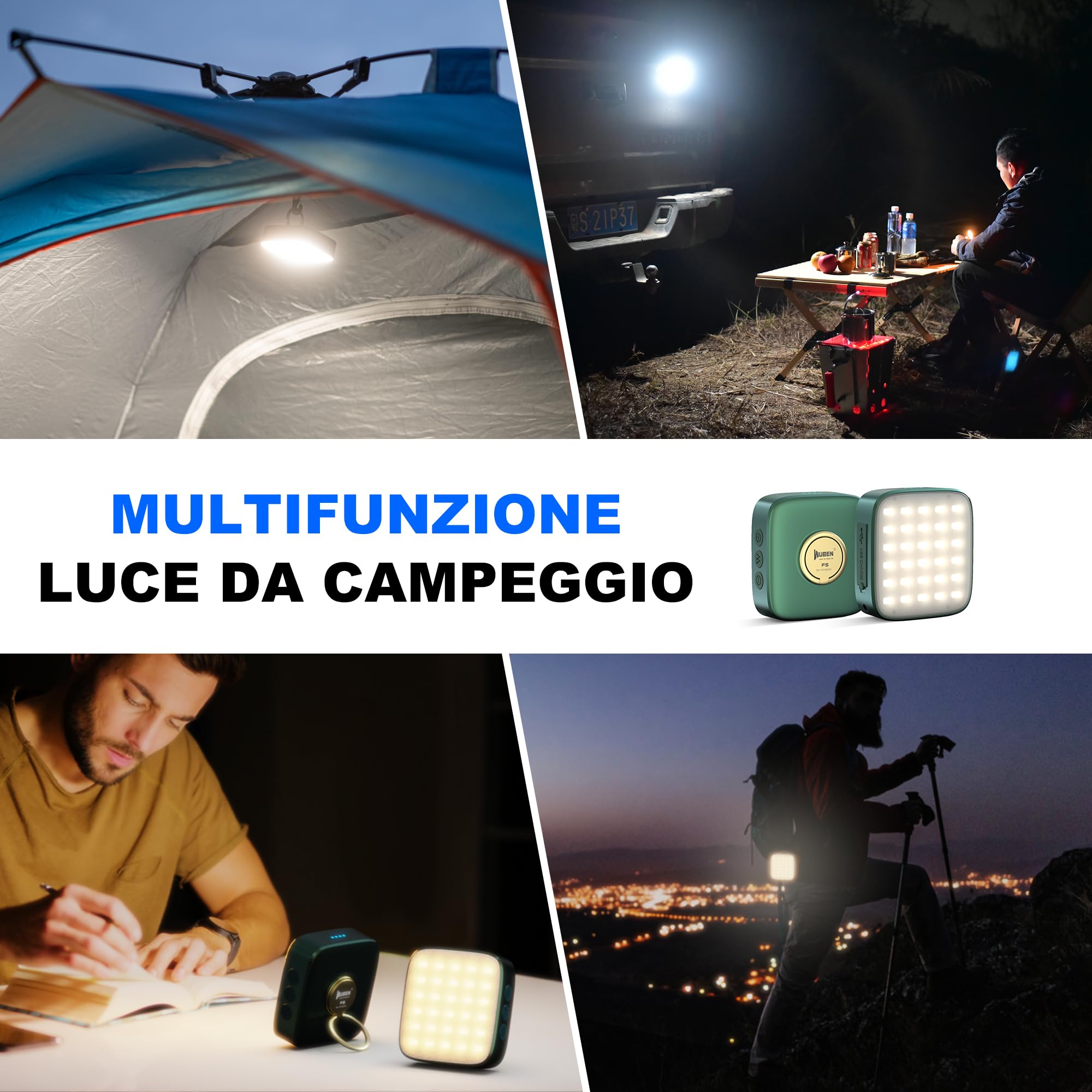WUBEN F5 LED Lanterna da Campeggio, Luce da campeggio ricaricabile, Lampada da tenda portatile, 3 modalità di luce, IP64 impermeabile, 500 lumen per campeggio, lettura, tenda, escursionismo, emergenza