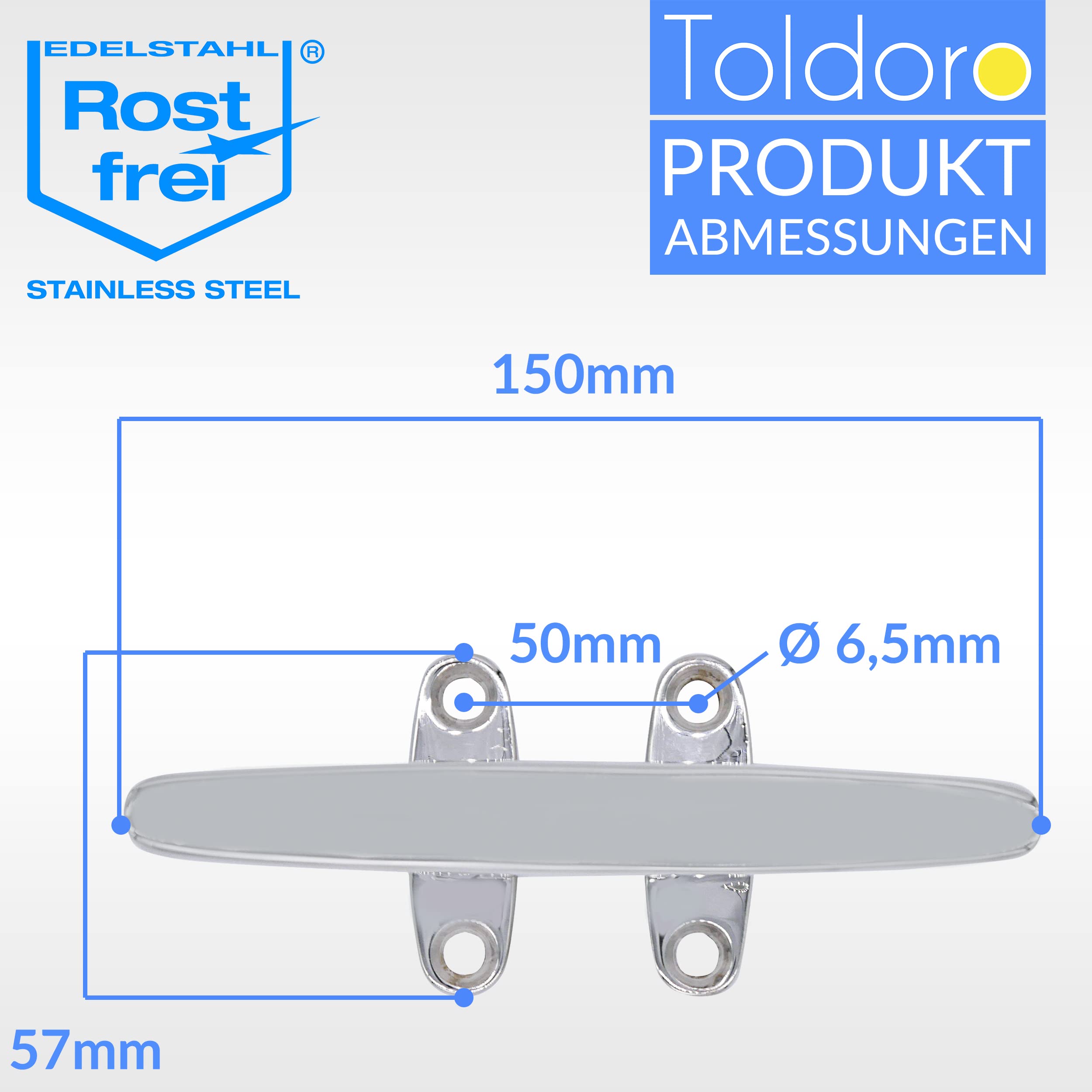 Toldoro® Klampe 150mm aus Edelstahl rostfrei V4A, 4 Bohrungen/Belegklampe, Bootsklampe mit elektropolierter Oberfläche/Festmacher für Sonnensegel oder als Boot Zubehör