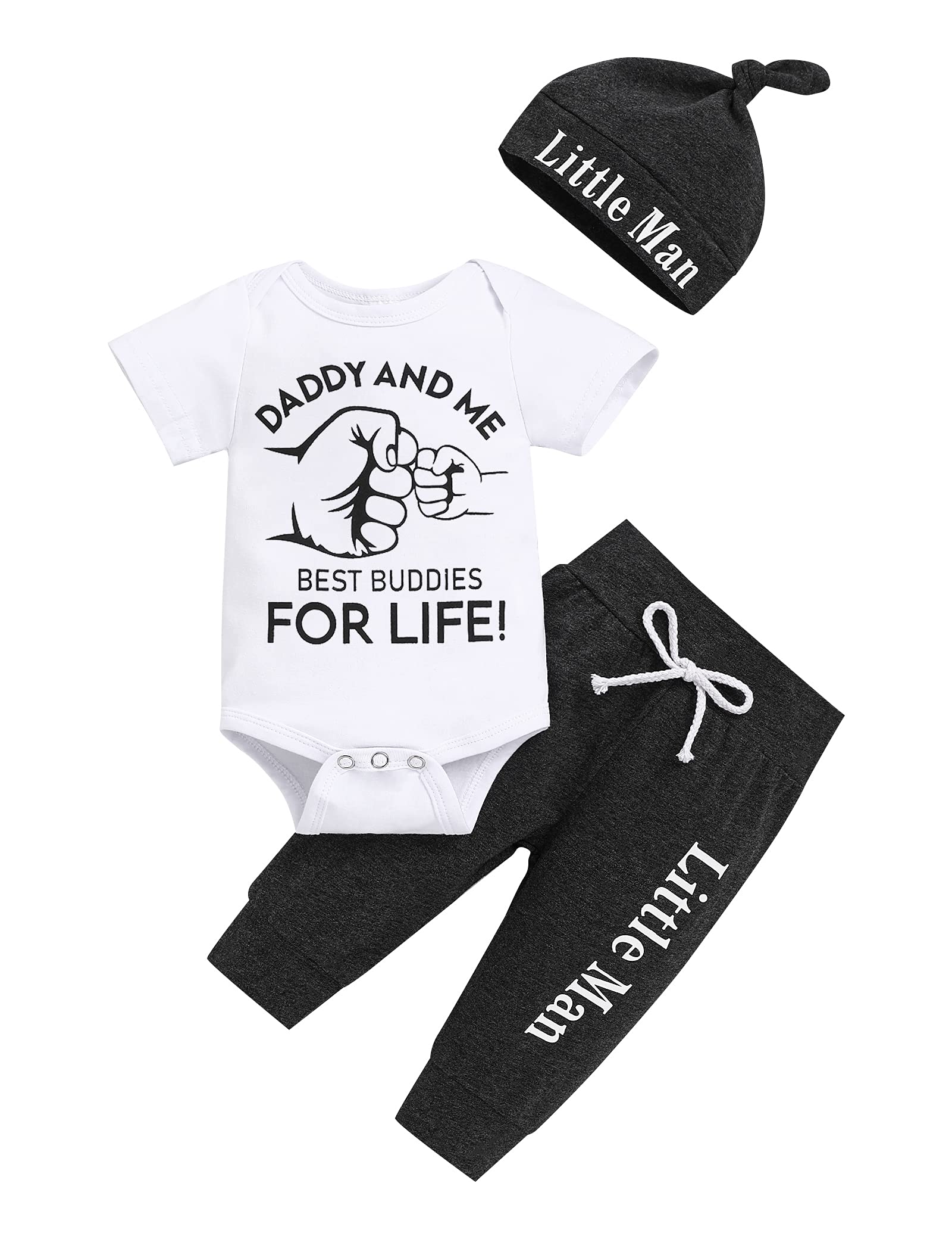 TUEMOSNewborn Infant Baby Boy Clothes Letter Print Romper Pants Set Hat 3PC Outfits Set